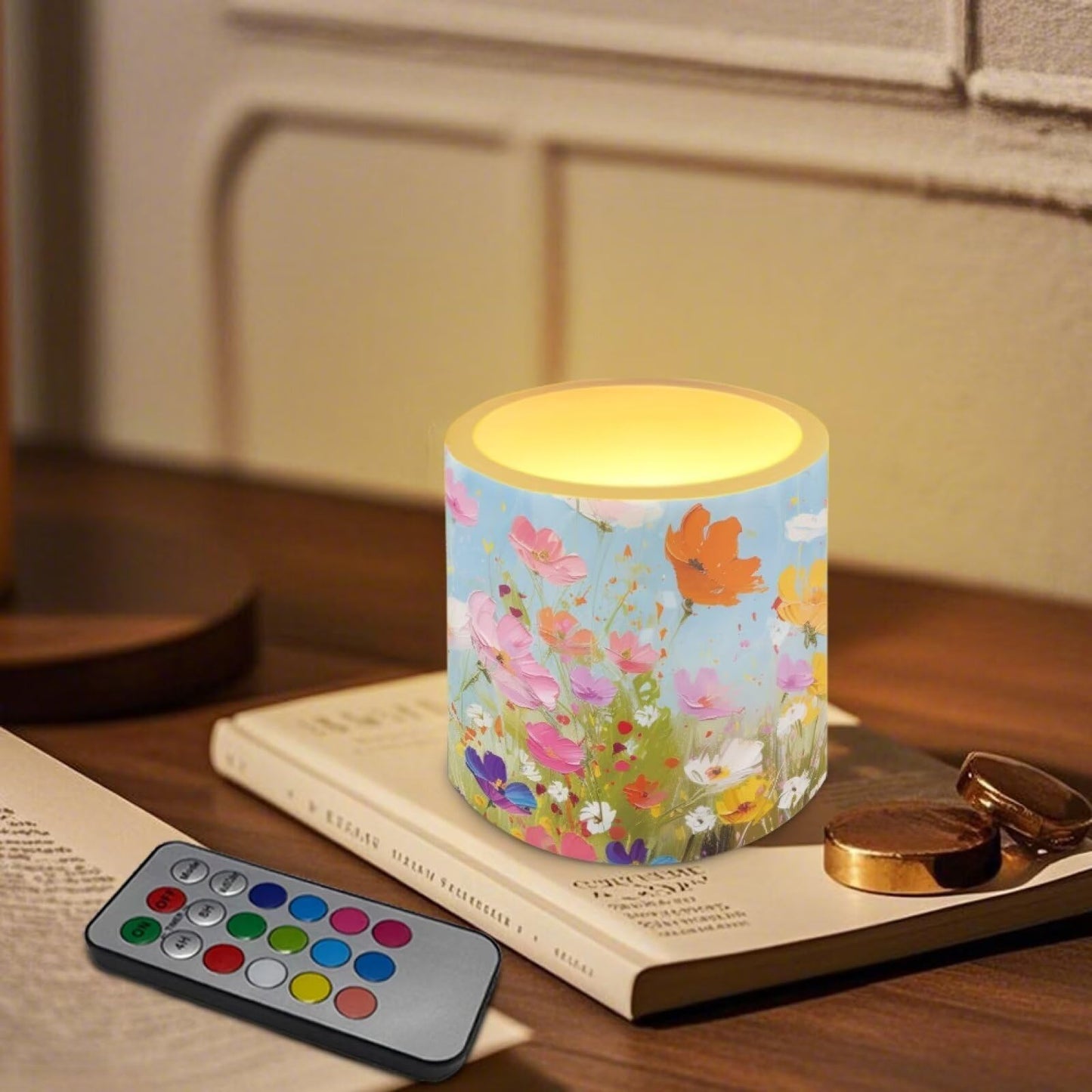 NETILGEN 3 inch Flameless LED Candles with Remote Timer Set of 4 Watercolor Daisy Floral Print Realistic Flickering Flameless Candles with Battery Powered