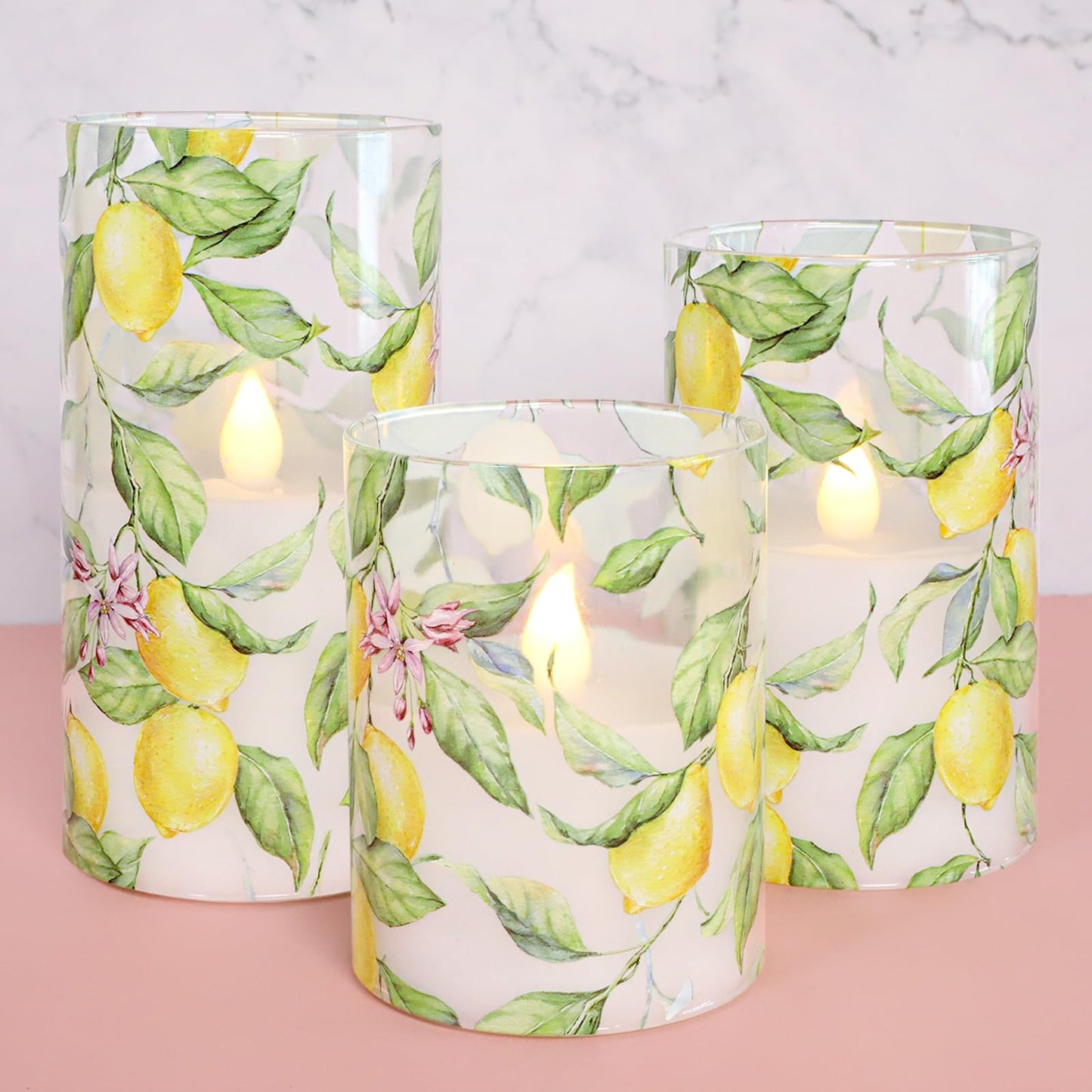 FLAVCHARM Lemon Glass Flameless Candles with Remote Timer Battery Operated LED Flicker Real Wax Pillar Candles Spring Summer Lemonade Party Kitchen Table Dinner Christmas Holiday Decor D3 x H4, 5", 6"