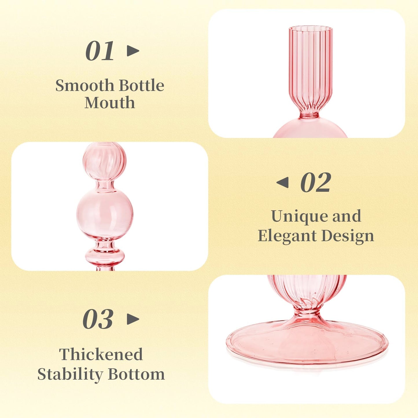 Hewory Glass Candlestick Holders Set: 3PCS Pink Candle Holder Taper Candle Holders Bulk, Crystal Ribbed Candle Sticks Holder Decor for Table Centerpiece Wedding Christmas Thanksgiving Dinner