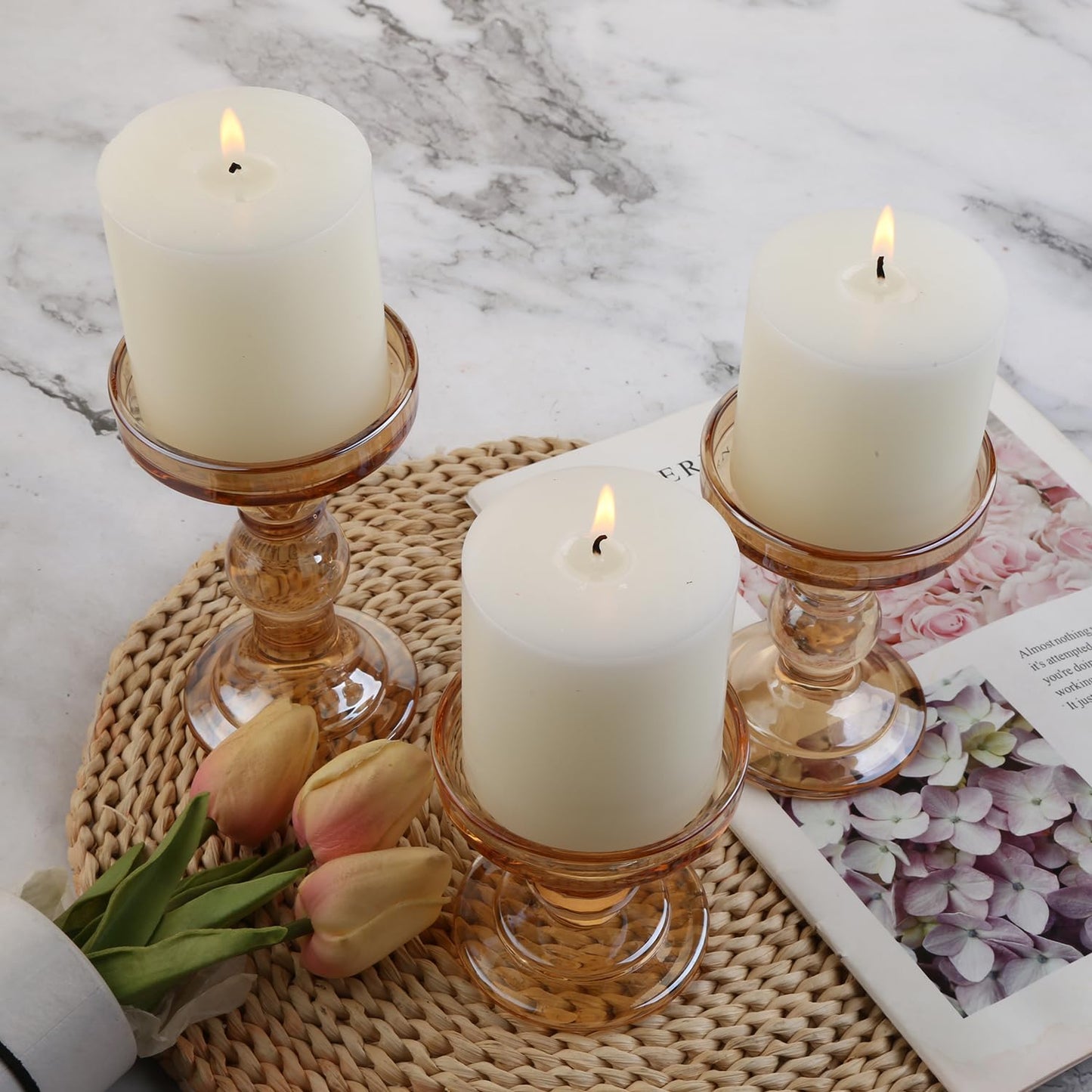BTGLLAS 3-Piece Set of Amber Glass Candlestick, Crystal Candlestick Holder Holder and Conical Candle, Christmas Candle Holder Decoration, Family Living Room Wedding Candle Holder (Amber)