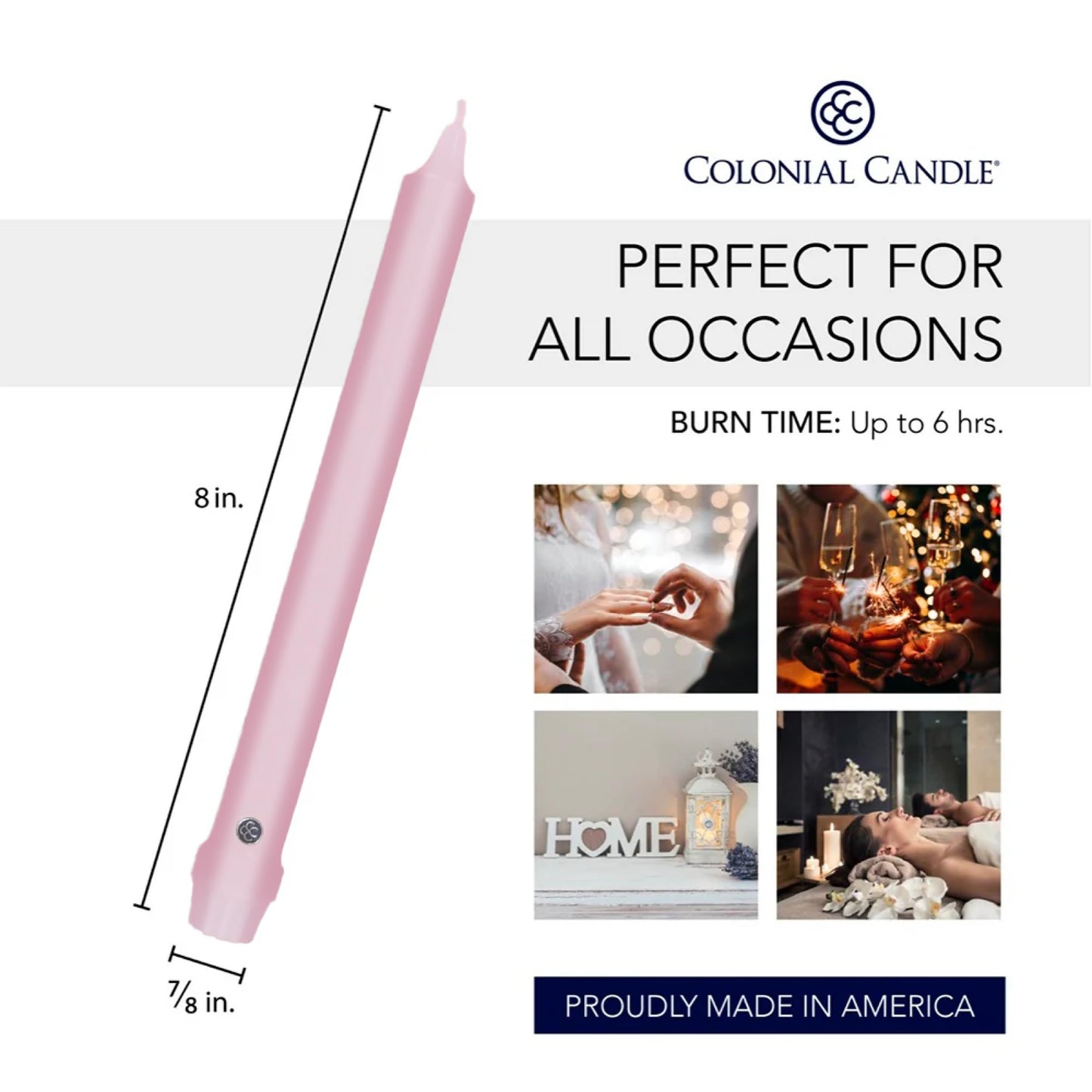 Colonial Candle Unscented Taper Candle, Classic Collection, Persian Pink, 8 in, Pack of 12 - Up to 6 Hours Burn