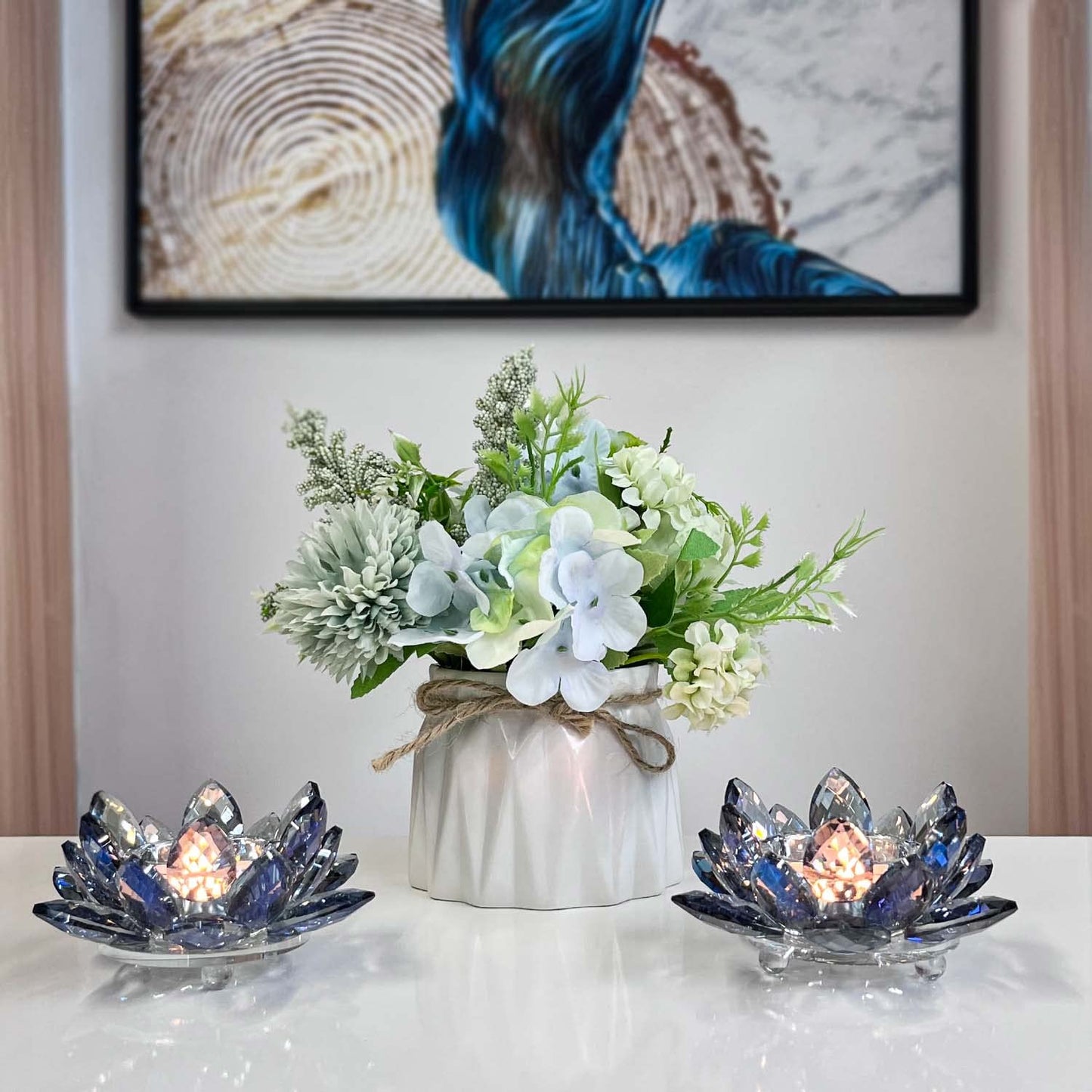 Kolnlala Crystal Lotus Flower Tealight Candle Holders/Glass Tea Light Candlestick Decor Decoration for Christmas Home Wedding Party… (Blue 1pc)