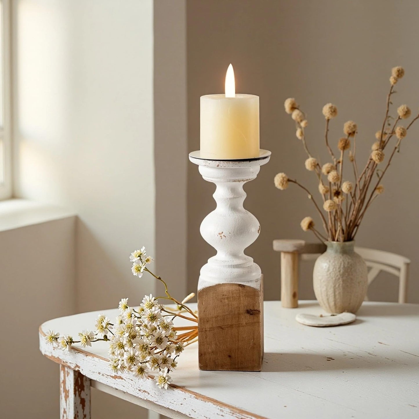 SOFE Wood Farmhouse Candle Holders, 11" Tall White Candle Holders for Pillar Candles, Rustic Candle Stand for Mantel, Coffee Centerpiece Table Decorations, Living Room, Dining Room Decor