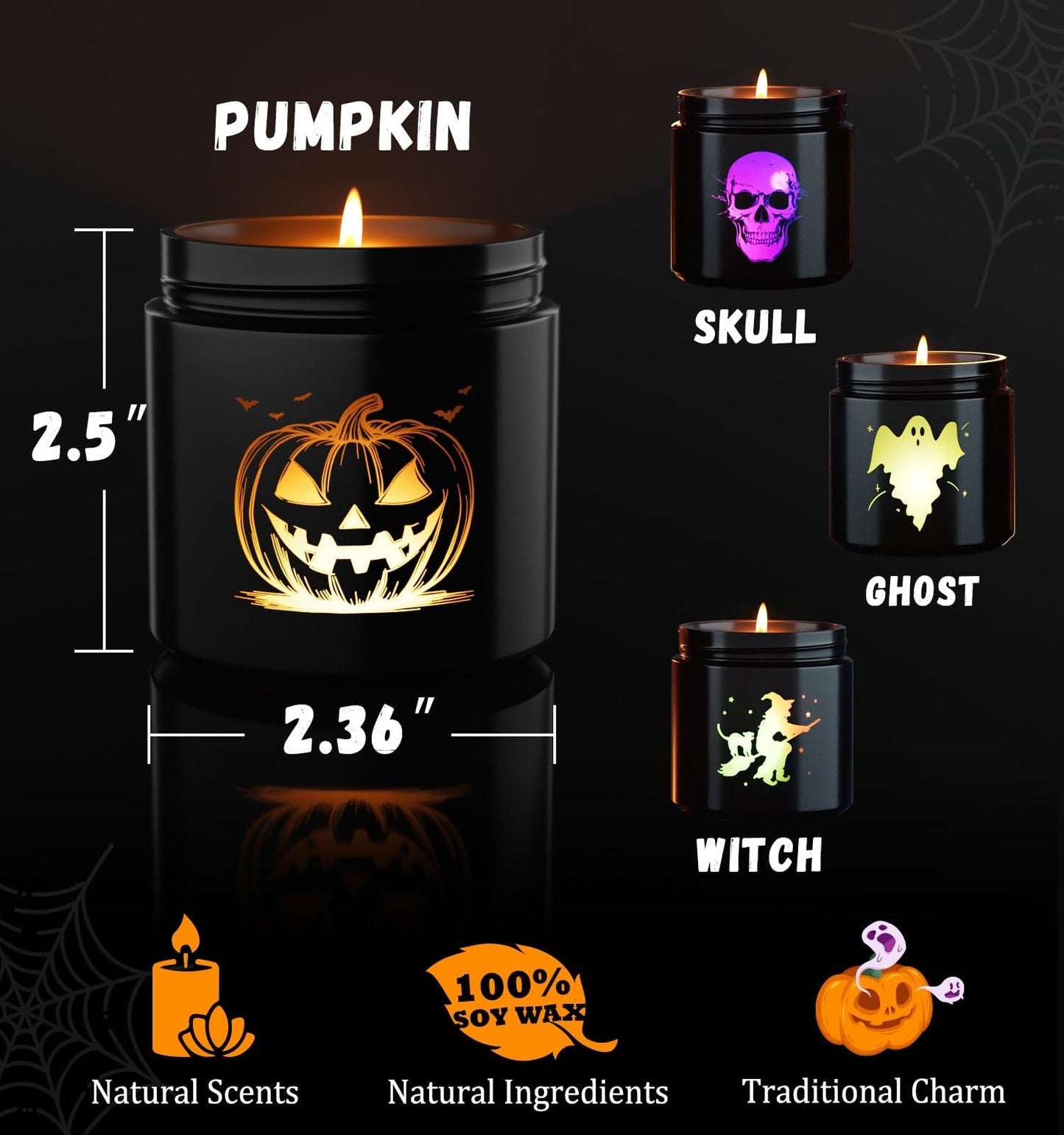 Halloween Decor Indoor-4 Pack Candles Set, LED Scented Candle,Halloween Gifts with Pumpkin|Skull|Ghost|Witch|, 80H Lasting Burn Candles for Home Decorations Indoor