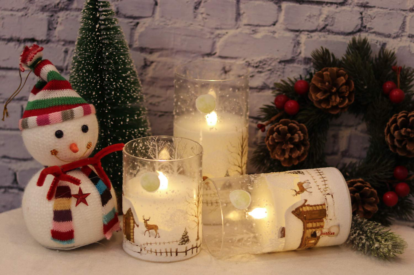 Wondise Snowman Glass Flameless Candles with Remote and Timer, Battery Operated Real Wax LED Flickering LED Candles White Cold Light Window Christmas Holiday Decor D3 x 4",5",6"