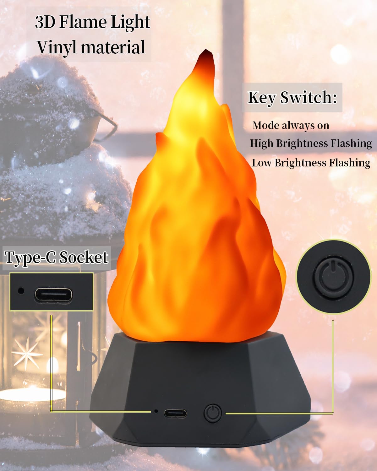 Fake Fire Lamp,3D Rechargeable Travel Night Light with Cozy Lighting,3-Mode LED Fake Fireplace Candles for Apartment Patio Decor Outdoor Camping Decorations…
