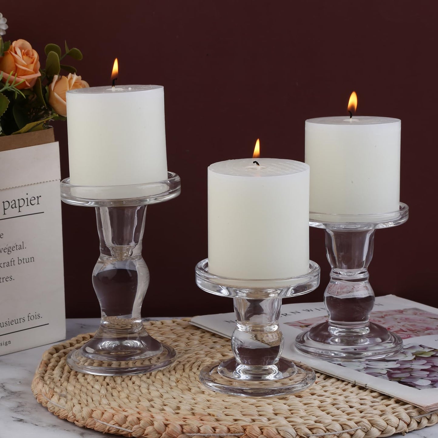 BTGLLAS 6-Piece Set of Glass Candlestick, Crystal Candlestick Holder Holder and Conical Candle, Christmas Candle Holder Decoration, Family Living Room Wedding Candle Holder (Clear 2sets)