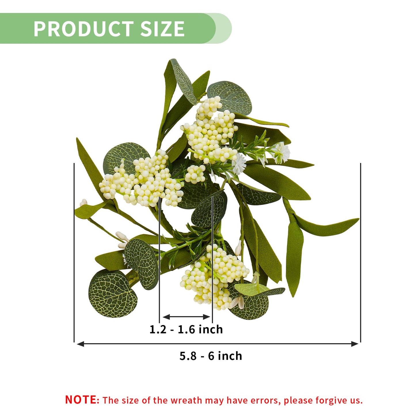 4 PCS Eucalyptus Taper Candle Rings Wreaths White Berry 1.38" Mini Spring Summer Floral Candle Holder Green Artificial Flower Wreaths for Home Wedding Church Table Centerpieces Decor