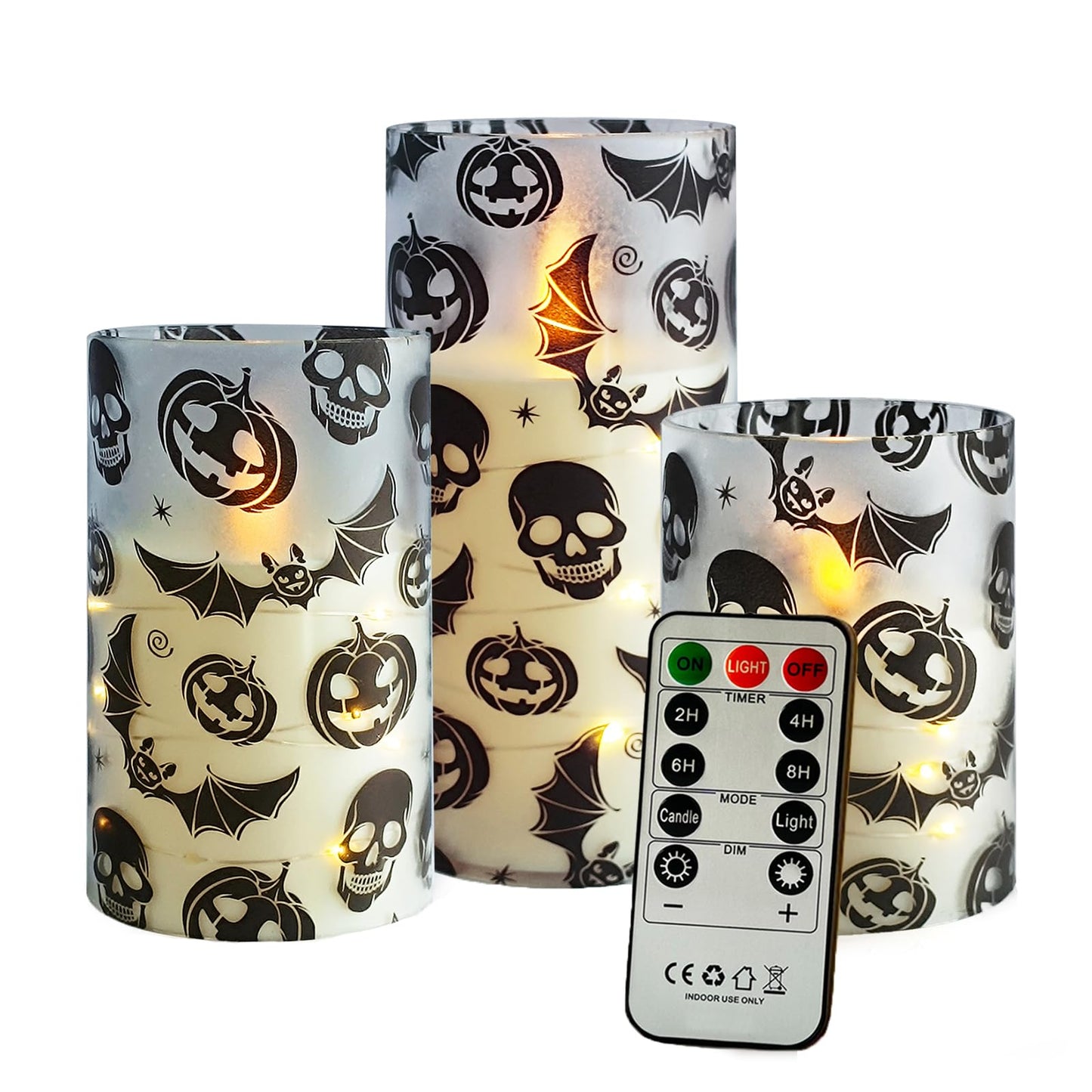 Flickering Flameless Candles Halloween Bat Embedded Star String Lights, Battery Operated Acrylic LED Pillar Candles with 11-Key Remote and Timer for Home Decoration, 3 Pack