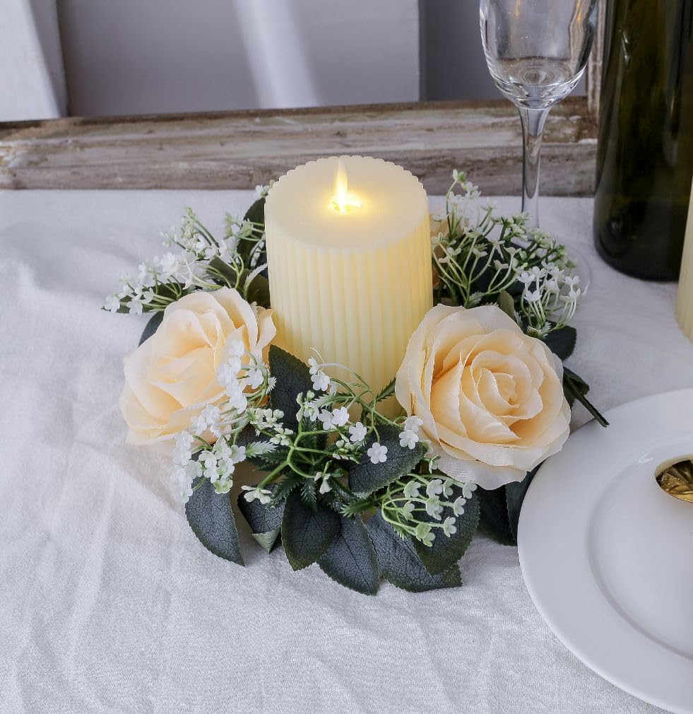 2 Pack Artificial Rose Candle Rings, Christmas Floral Wreaths with Eucalyptus Leaves Mini Wreaths Candle Rings for Pillar Candle Lantern Wedding Centerpiece Party Home Fall Table Decor (Champagne)