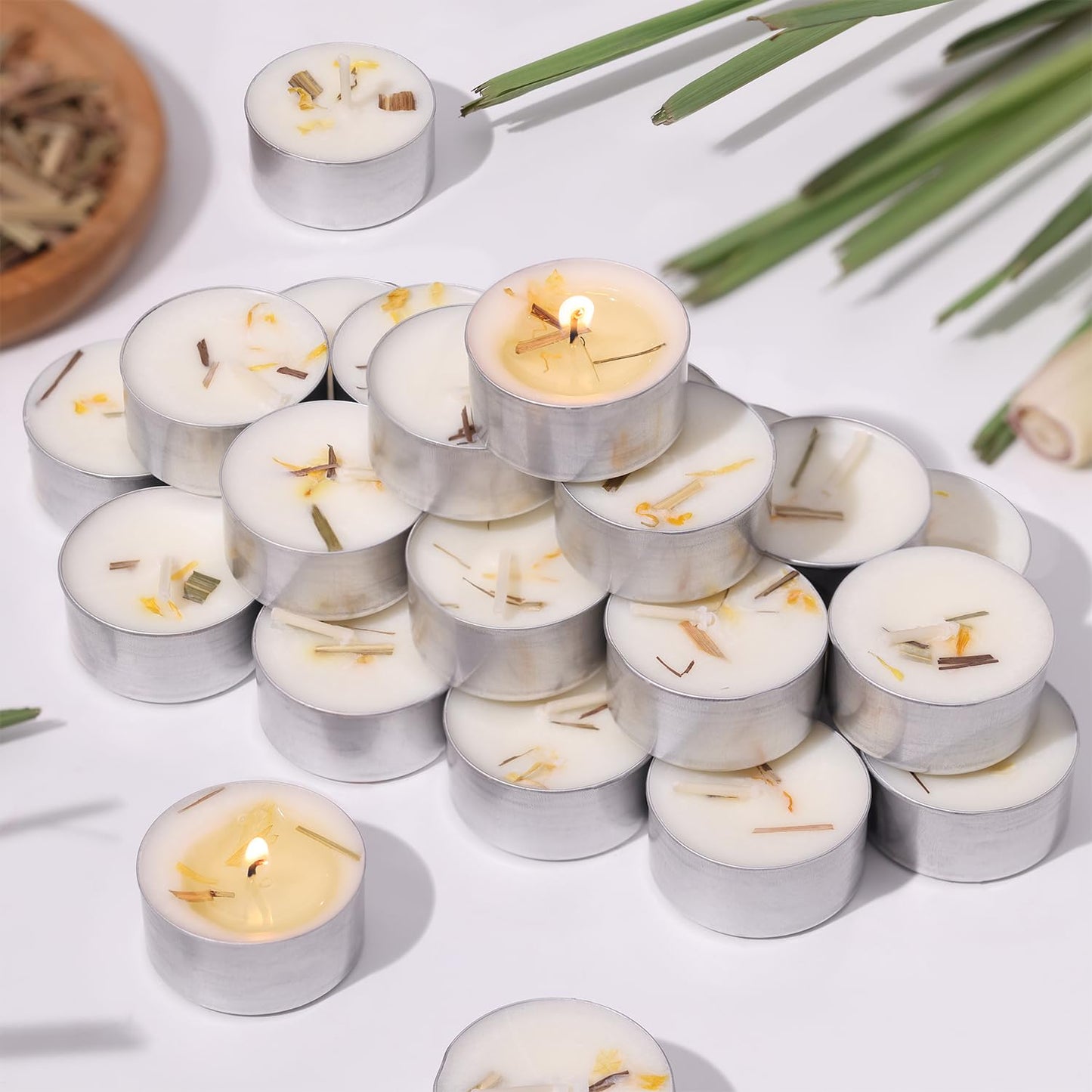 8 Pcs 6H Citronella Tealight Candles Indoor Outdoor, Decorative Scented Tealight Candles with 100% Palm Wax Base & Dried Lemongrass, Smokelss for Patio, Home, Outside Use