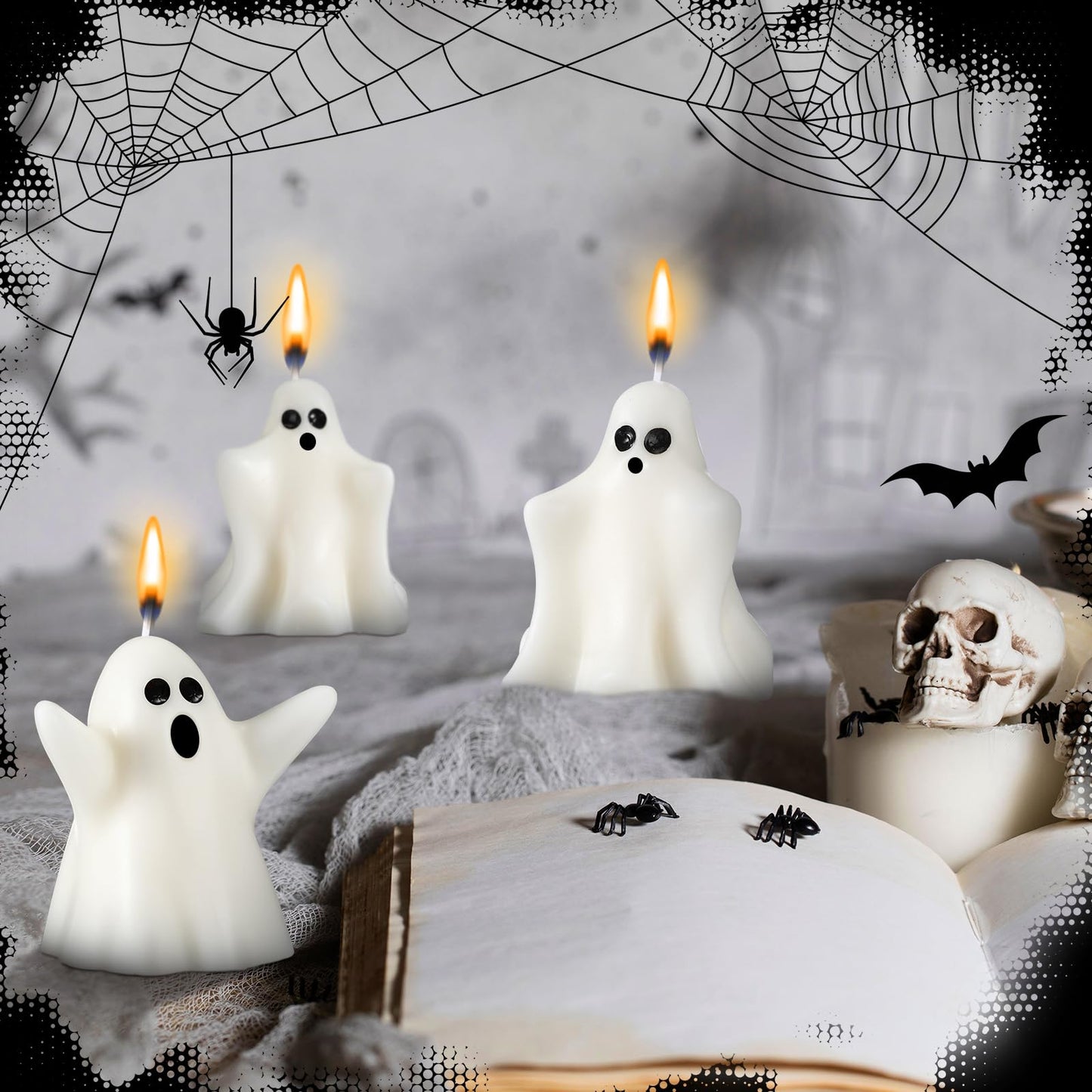 Minatee 4 Pieces Large Halloween Ghost Candles Ghost Spooky Decor Burning White Scented Wax Candles Gifts for Boo Basket Stuffers Halloween Room Table Indoor Decorations, 2 Style