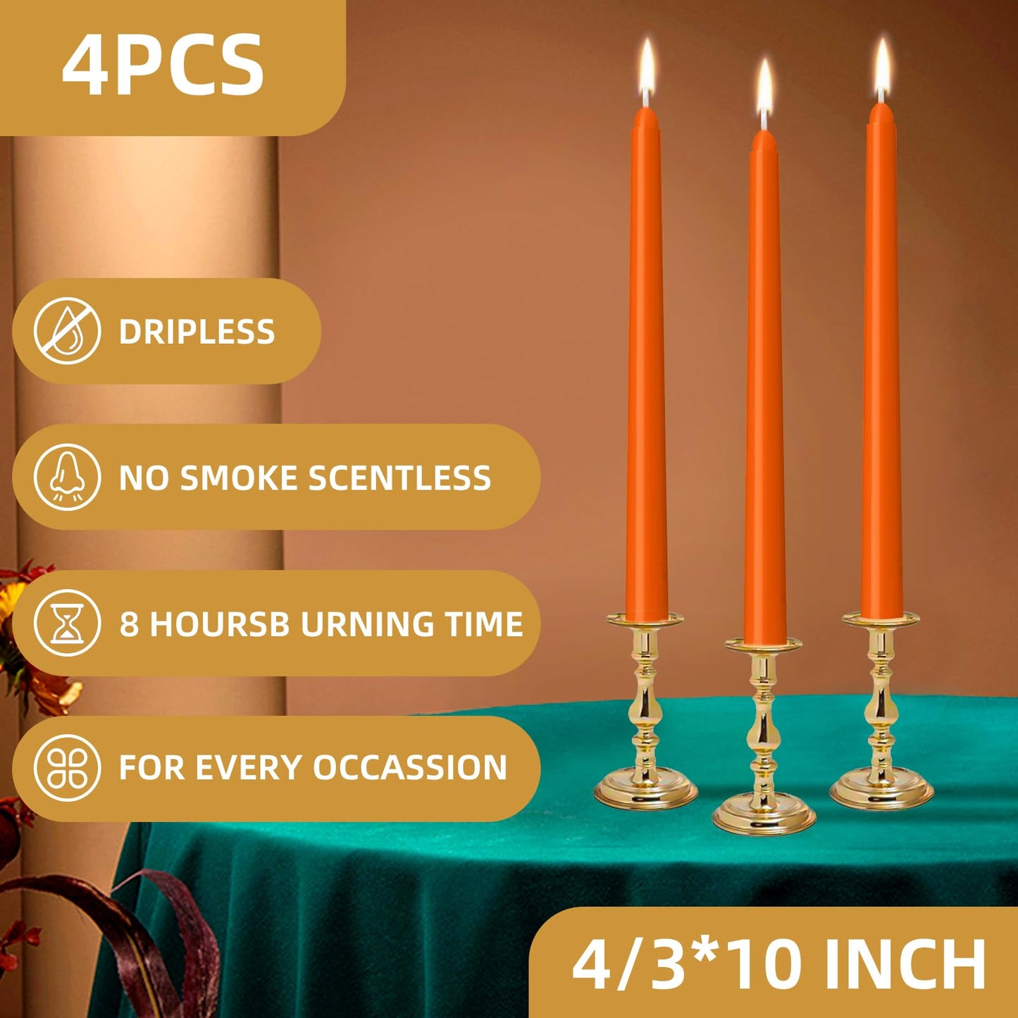 LYOBATH 4 Pack Orange Taper Candles - Taper Candles 10 Inch Dripless, Smokeless & Unscented - 8 Hours Long Burning - Ideal for Weddings, Dinner Parties, and Home Decor