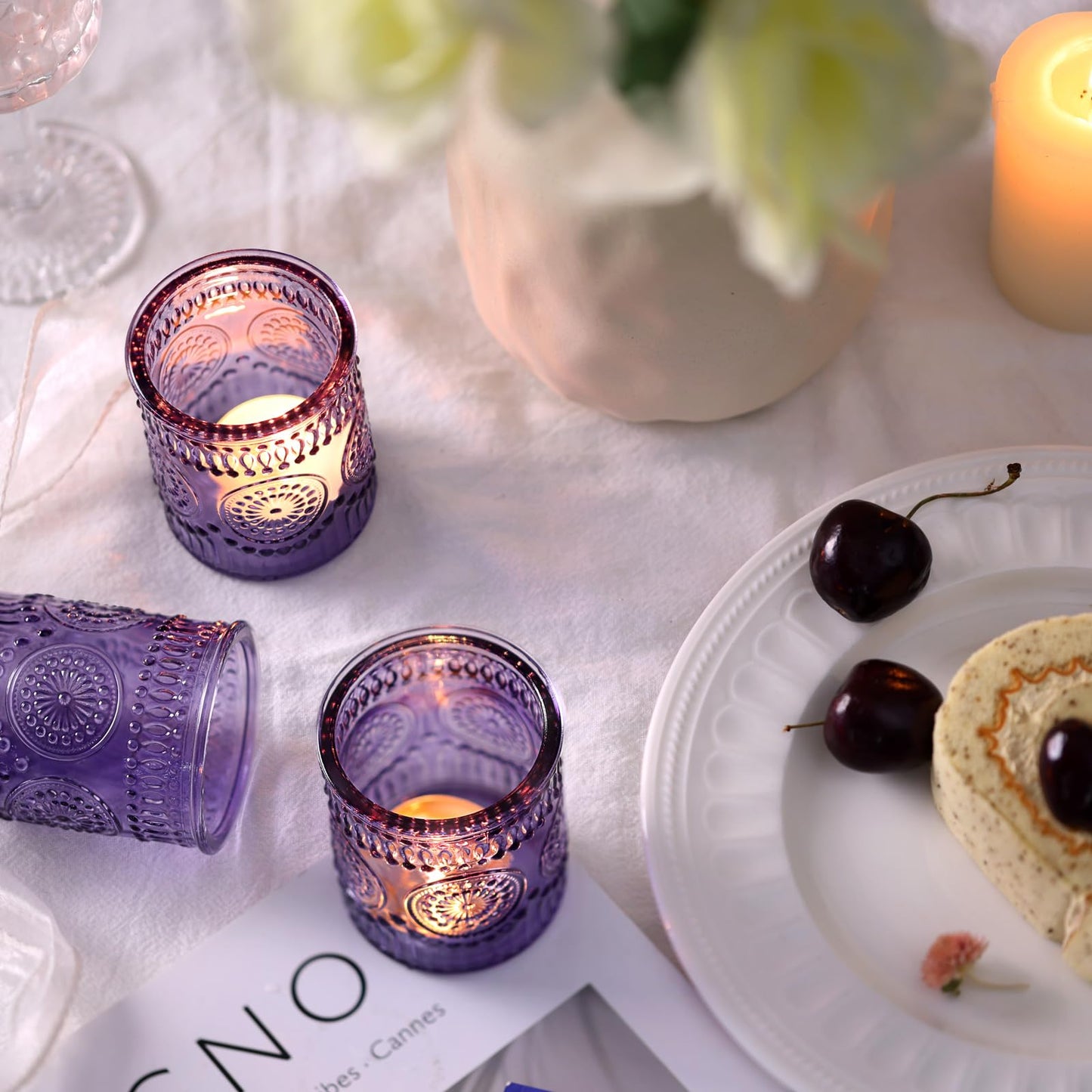 24pcs Purple Votive Candle Holders for Table Centerpieces, Glass Tea Lights Candle Holder for Bridal Shower, Baby Shower Decrations, Boho Tea Party Purple Decor, Gifts for Women