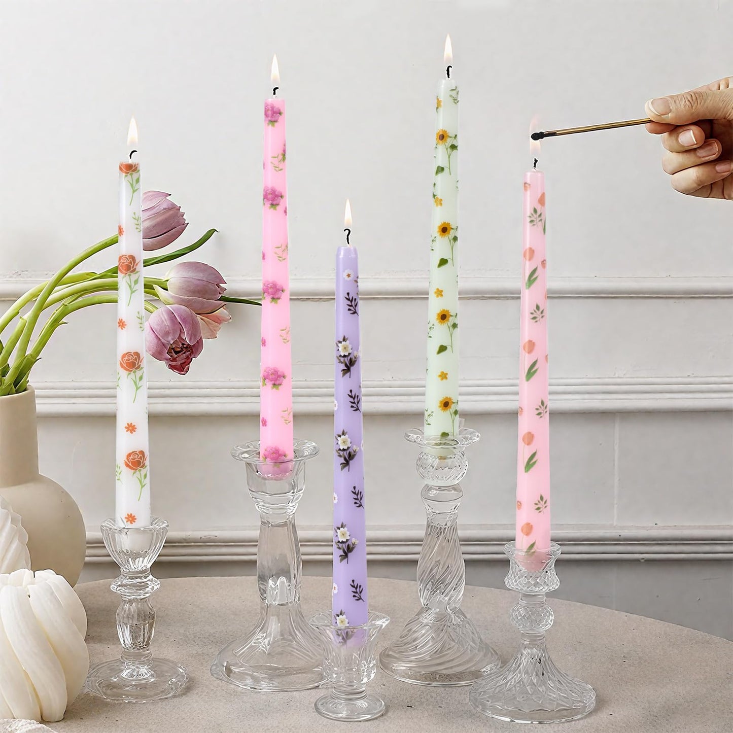 Taper Candles,10 inch 2pc Green Tapered Candles with Sunflower Printed, Unscented and Smokeless Long Burning Candles,Tall Candlesticks with Cotton Wicks,Ideal for Weddings, Home Décor