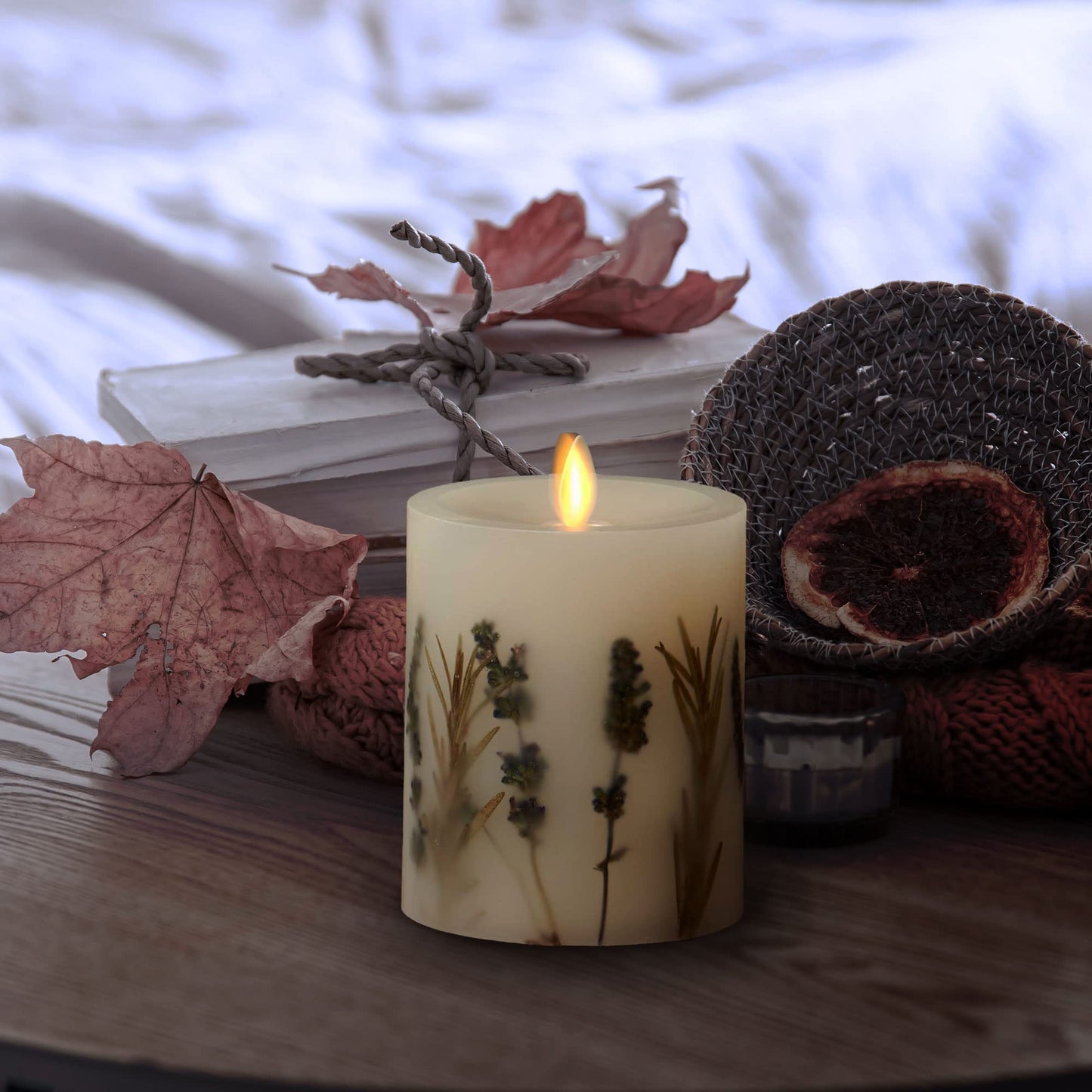 Luminara Realistic Artificial Moving Flame Pillar Candle with Lavender & Rosemary Inclusion - Moving Flame LED Battery Operated Lights - Remote Ready - Remote Sold Separately - 3.25" x 4.5"