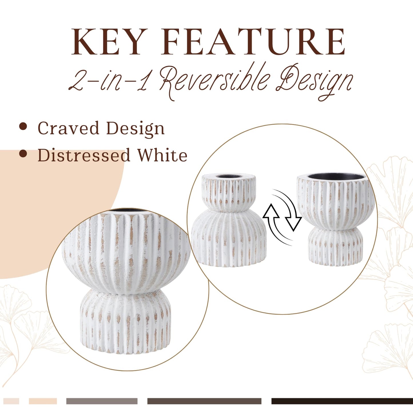 TRENDIN Reversible Rustic Pillar Candle Holders Set of 2, Distressed White Wood Candle Stand Set for Table, Fluted Farmhouse Wooden Candlestick Holders for Fireplace Mantel, Dining Room Decor