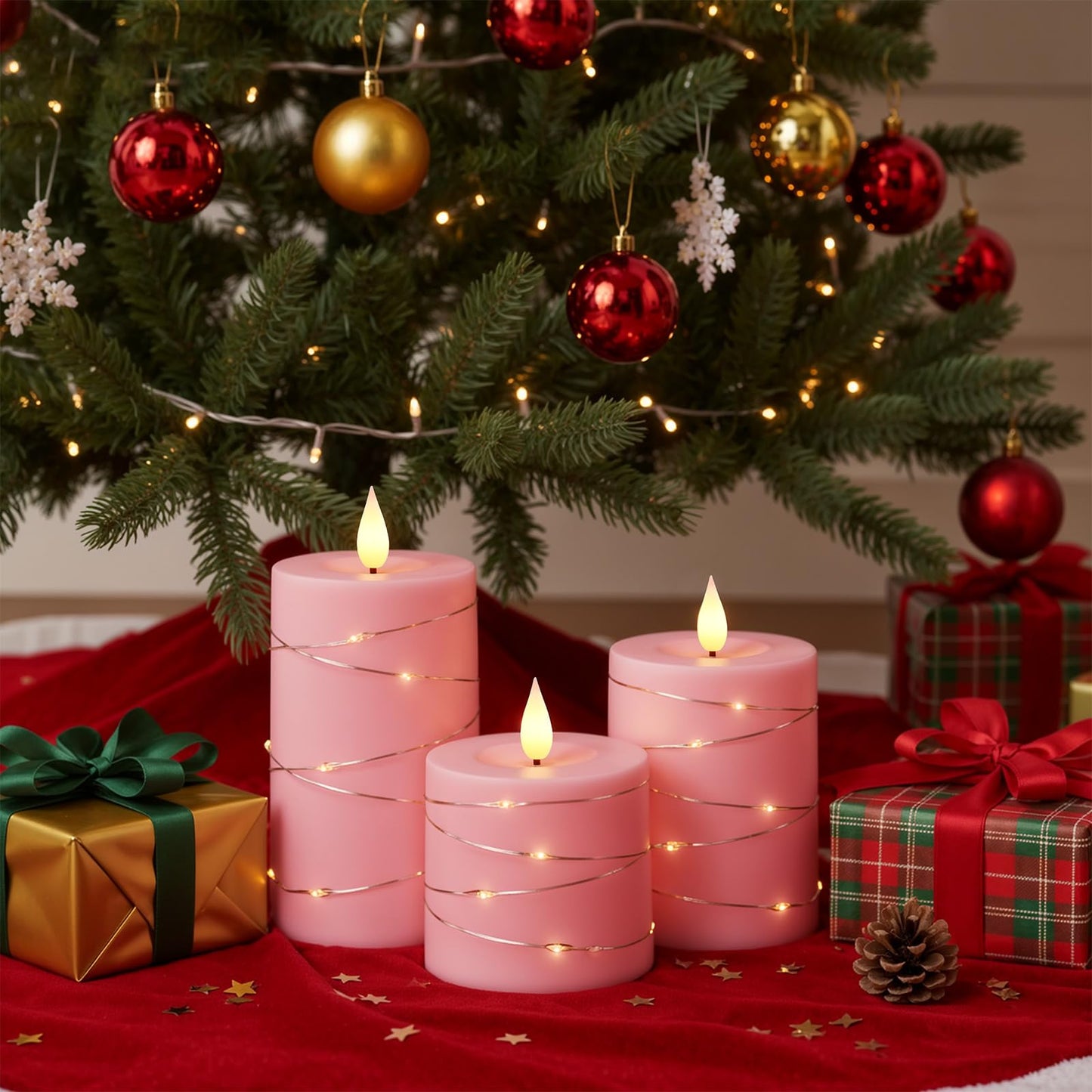 Raycare Easter Pink Flameless Candles with Remote Timer, Flickering Battery Operated LED Pillar Fake Candle with String Lights for Home Decor, Christmas, Wedding and Gift, Set of 3