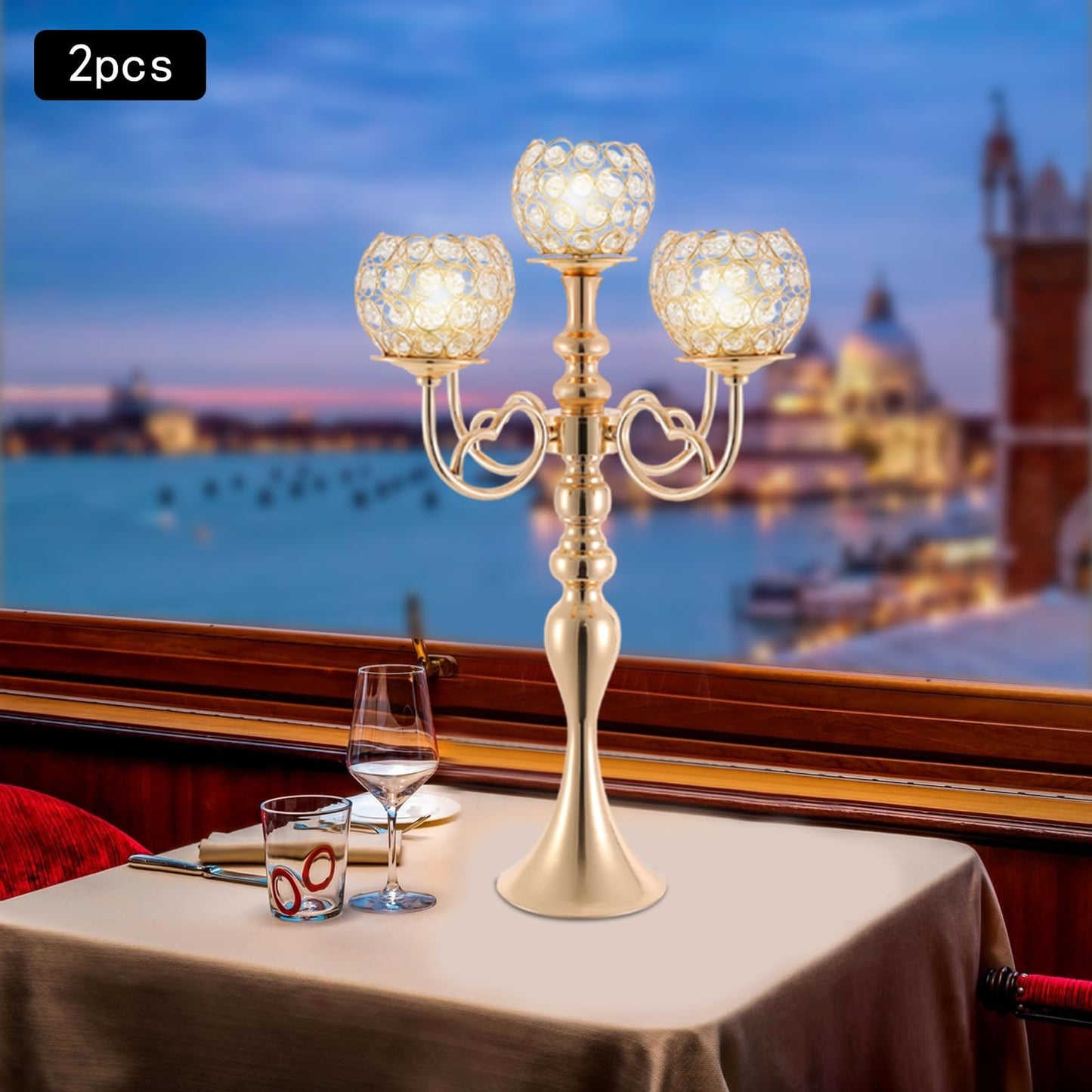 2Pcs 5 Arm Candelabra Candle Holder Luxury Gold Candlestick Holder Crystal Candelabra Centerpieces for Tables Elegant Candelabra Stand Holders for Home Wedding Party Anniversary Dining Room, Gold