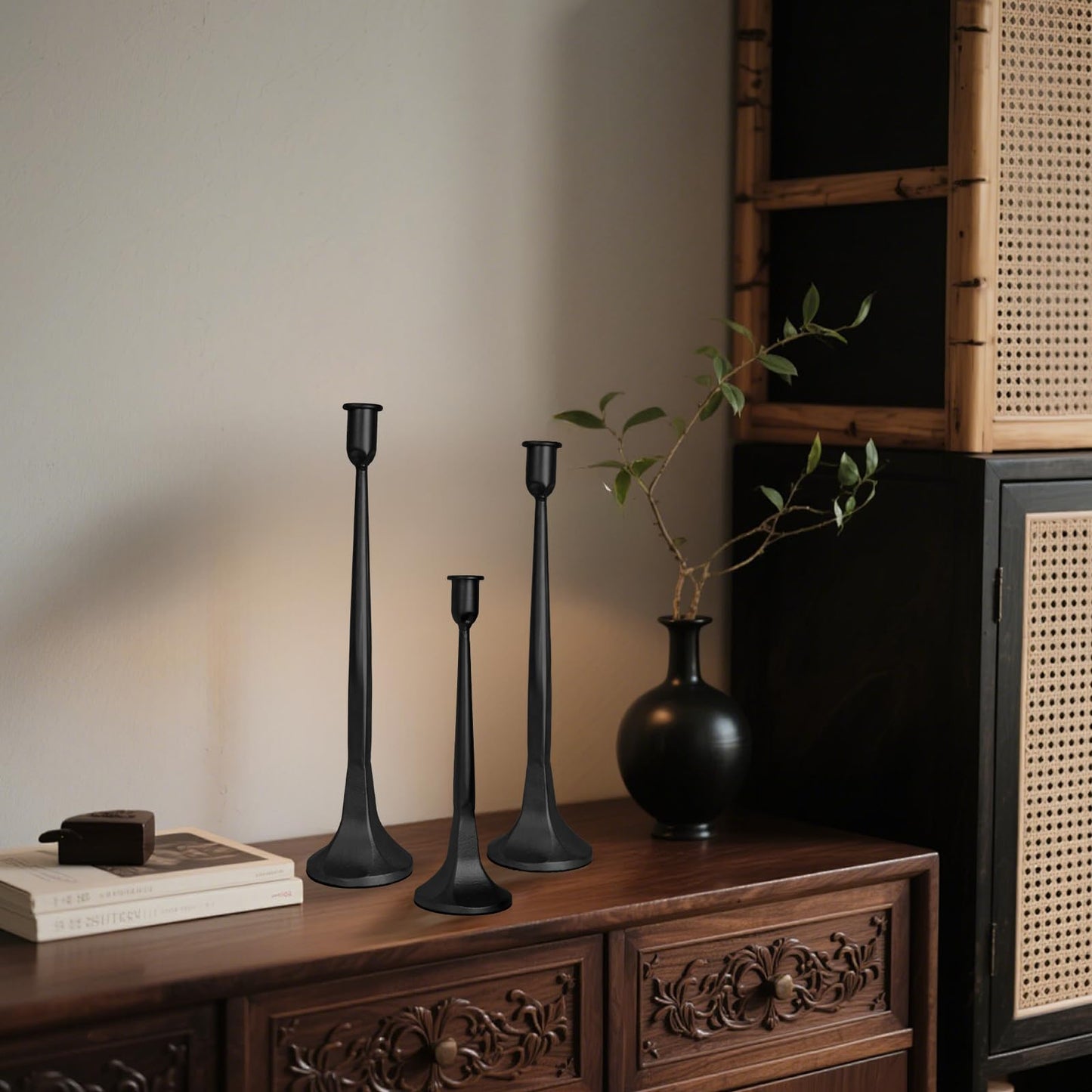 Iron Taper Candle Holders Set of 3, Black Metal Candlestick Holders for Taper Candles, Tall Decorative Candle Stands for Wedding Centerpieces, Dining Table, Mantel & Home Decor (Black, 12" 14" 15.5")