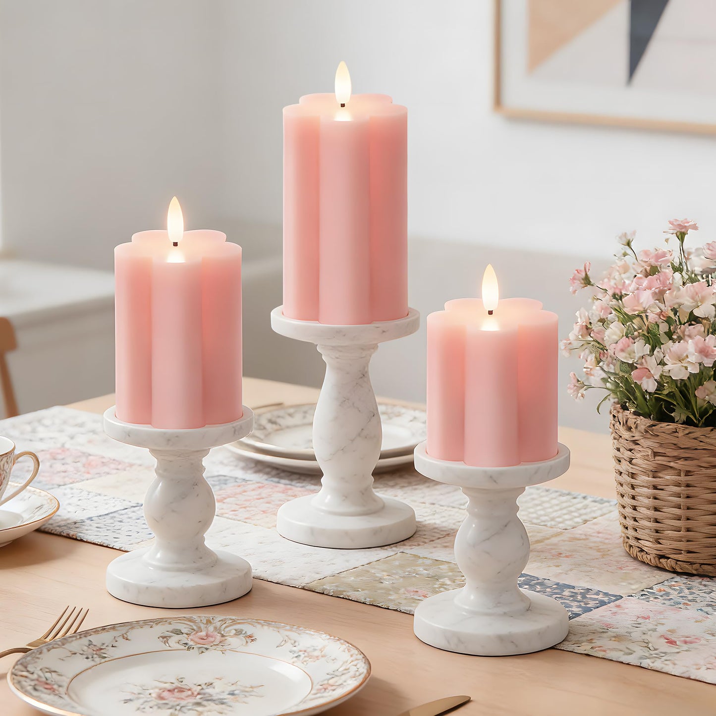 Velsyn Pink Flower Flameless Candles with Remote and Timer Real Wax Made LED Pillar Candles Battery Operated with 3D Flickering Flame Indoor Use Spring Decor, 3" x 4",5",6", Set of 3