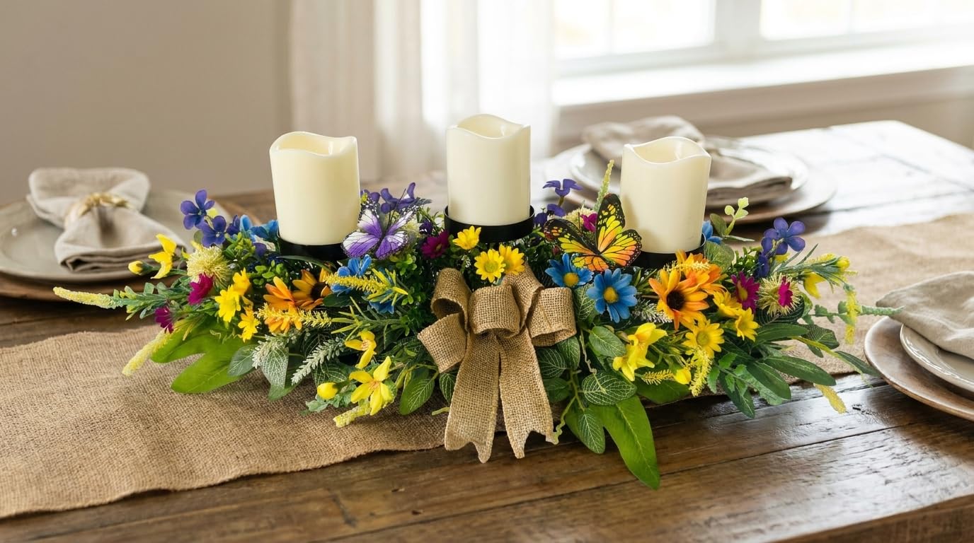 Svndlyn Candle Holders Spring Summer Centerpiece,3 Wick Candle Holder with Daisy and Sunflowers, Perfect for Spring Decor,Easter Centerpiece Table Decor,Indoor Home Decor,Desktop Decor
