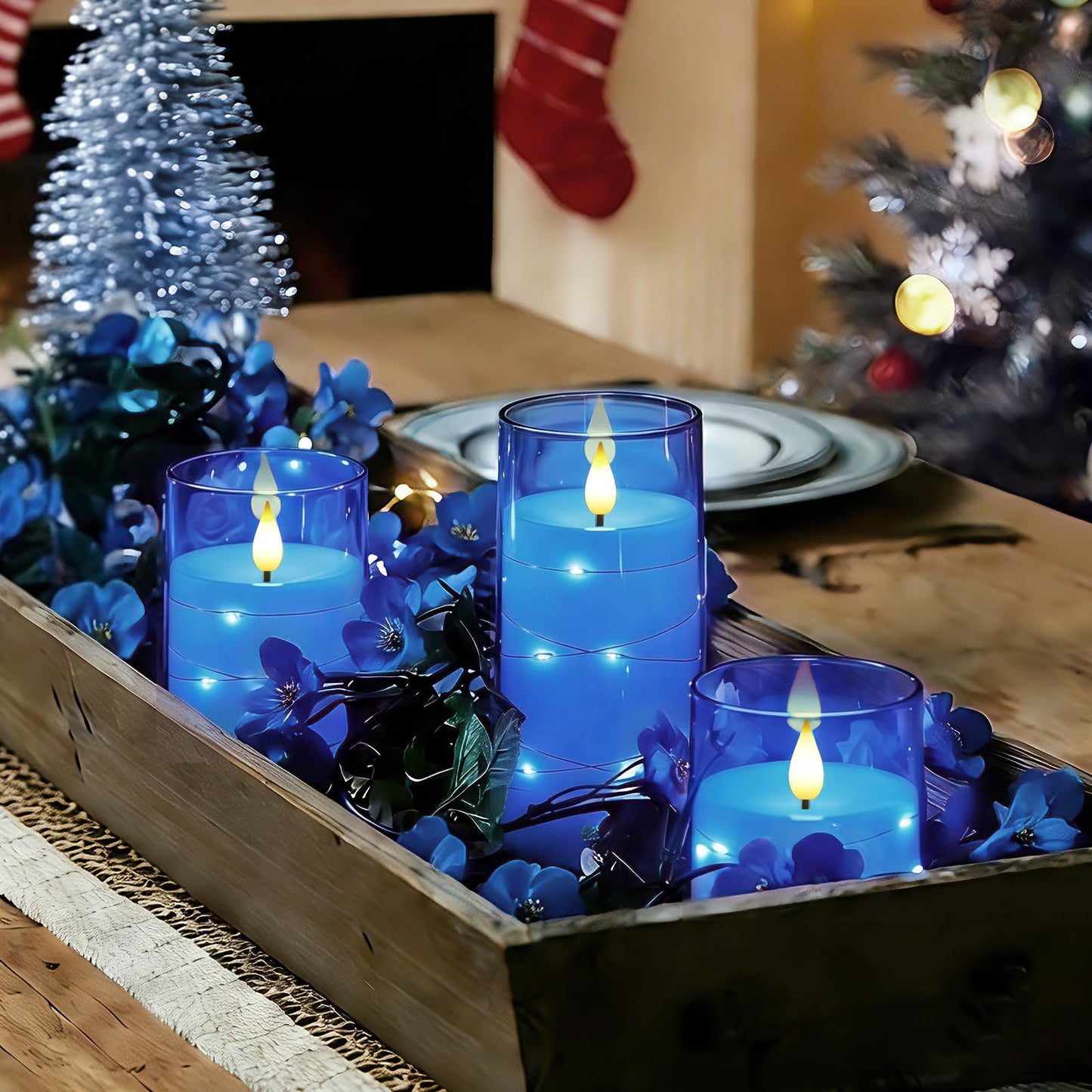 Homemory Flameless Candles with Embedded Star String Fairy Lights, Battery Operated Candles, LED Candle, Fake Candles with Remote Control and Timer, Blue, Set of 3(H 4" 5" 6”)