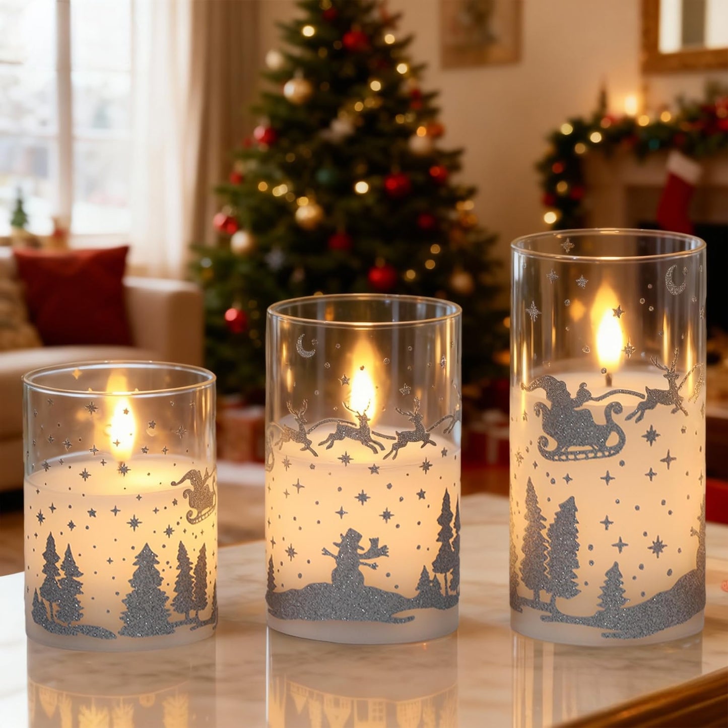 DRomance Reindeer Glass Flameless Candles Battery Operated with Remote and Timer Real Wax Silver Glitter 3D Wick LED Flickering Candles Warm Light Indoor Christmas Holiday Decor 3" D x 4", 5", 6" H