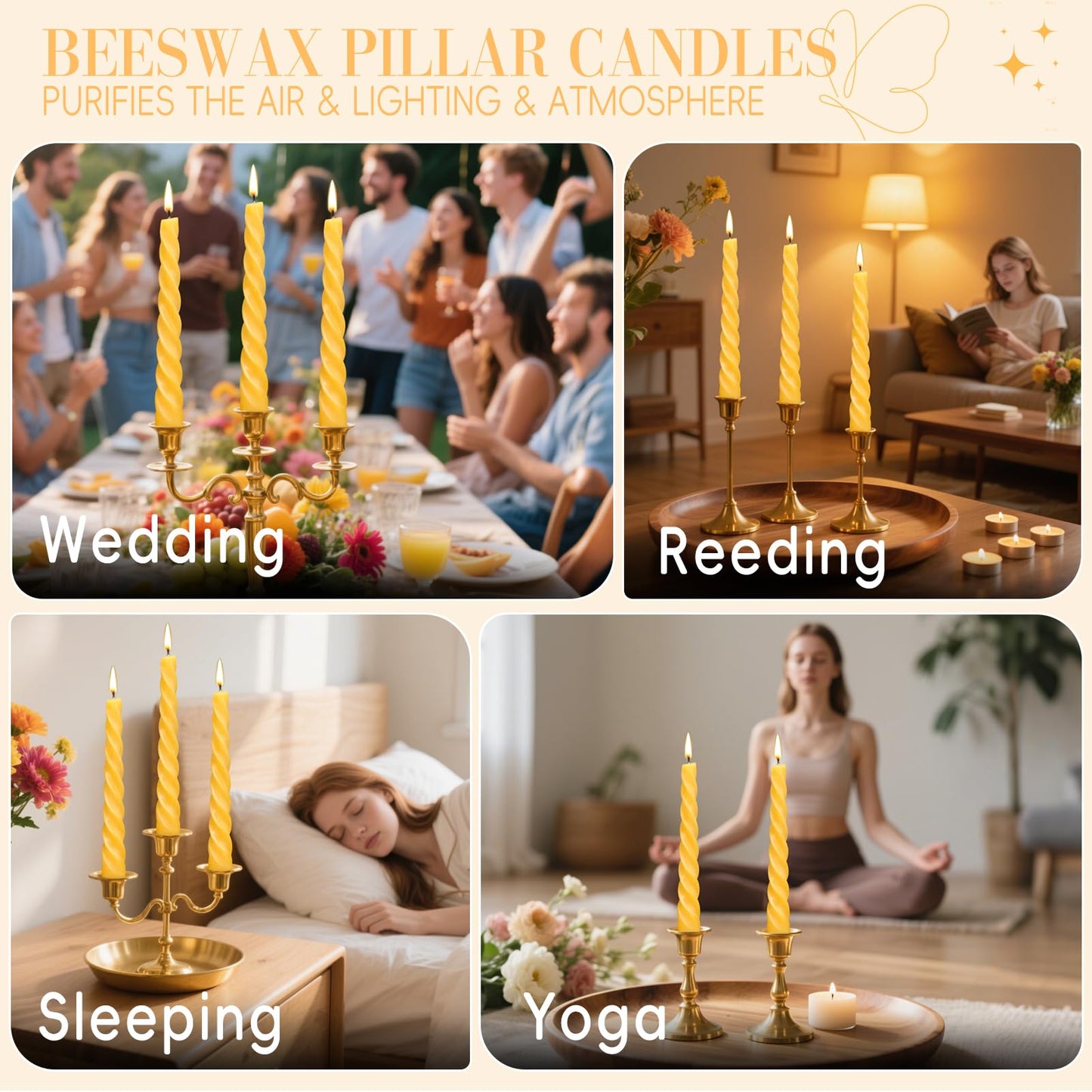 16 Pack Beeswax Taper Candles 7 inch Spiral Beeswax Candles 7 Hours Burning Natural Pure Bees Wax Candlesticks Unscented Smokeless Yellow Bees Wax Candles for Home Prayer