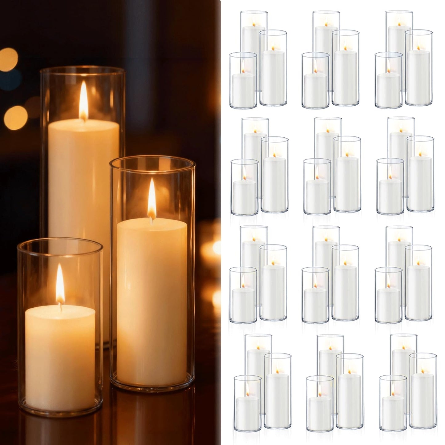 72 PCS White Pillar Candles with Glass Candle Holders Clear Hurricane Candle Holders Glass Cylinder Vases for Centerpieces Wedding Party, Event, Home Office (36 Candles+36 Candle Hoders)