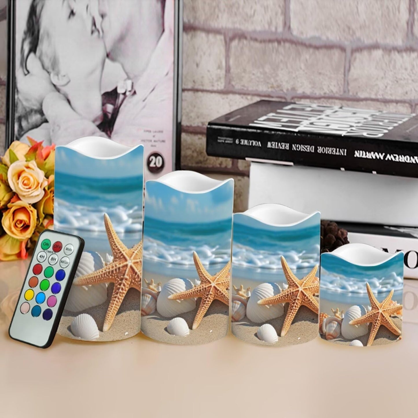 Ystardream Beach Starfish Flameless Candles with Remote Battery Operated Candles Realistic LED Candles with Remote and Timer Set of 4 for Valentines Home Wedding Birthday Decoration
