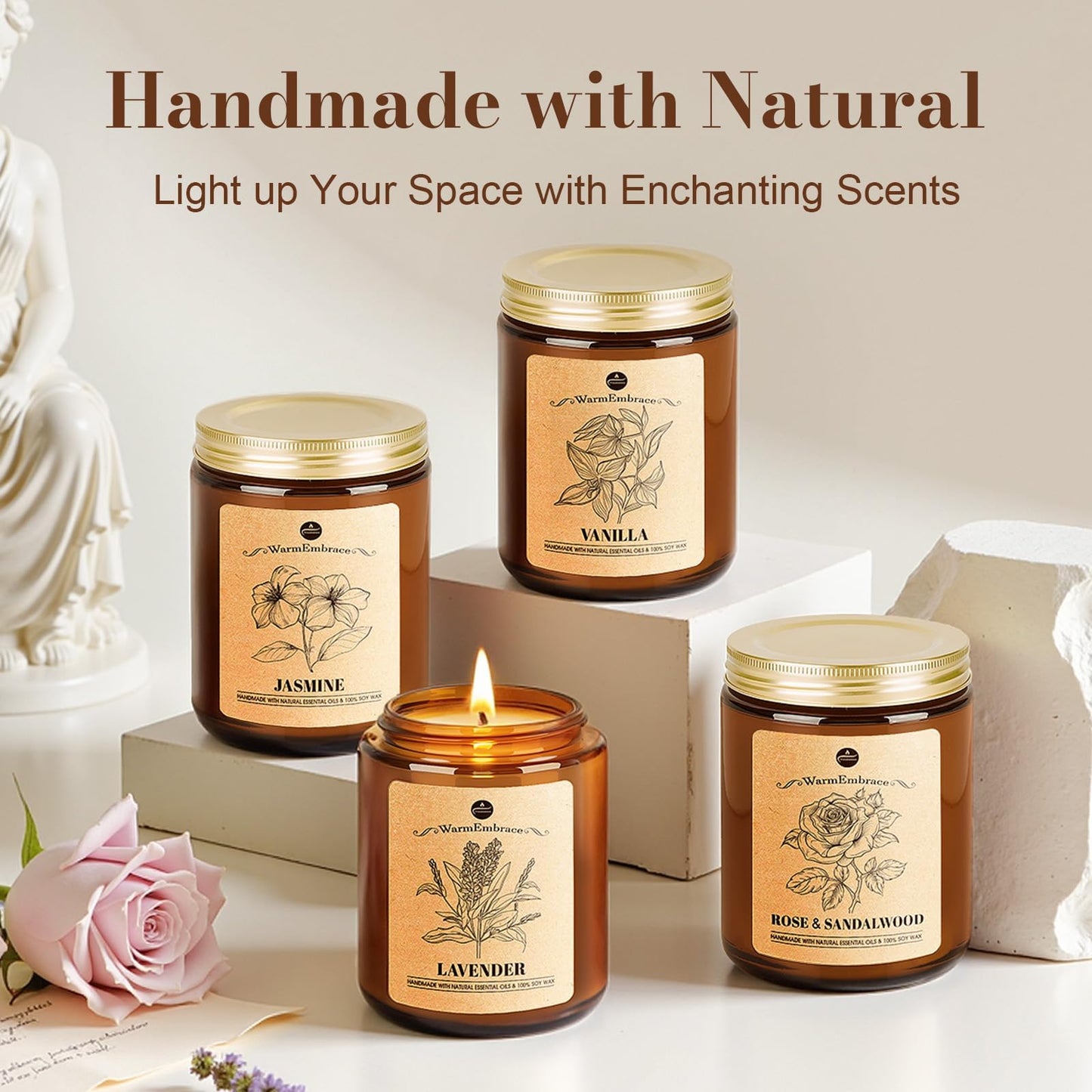 WarmEmbrace Lavender Candles, 4-Pack Scented Candle Set for Women, 7.6 oz Natural Organic Soy Wax in Glass Jar, 160 Hours Long-Lasting Burn, Perfect for Mother's Day, Birthday Gifting (4 Fragrance)