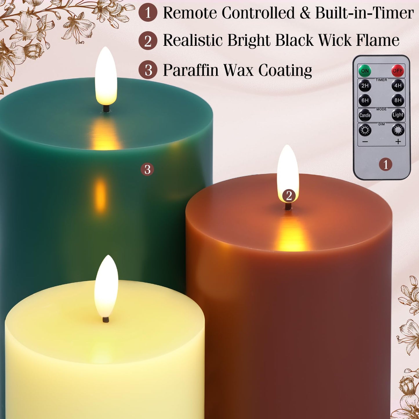 Grinsvalley 6 Pcs Flameless Candles Battery Operated LED Flickering Flameless Pillar Candles with Remote Real Wax Khaki Brown Green Table Decorations for Spring Wedding Home Decor