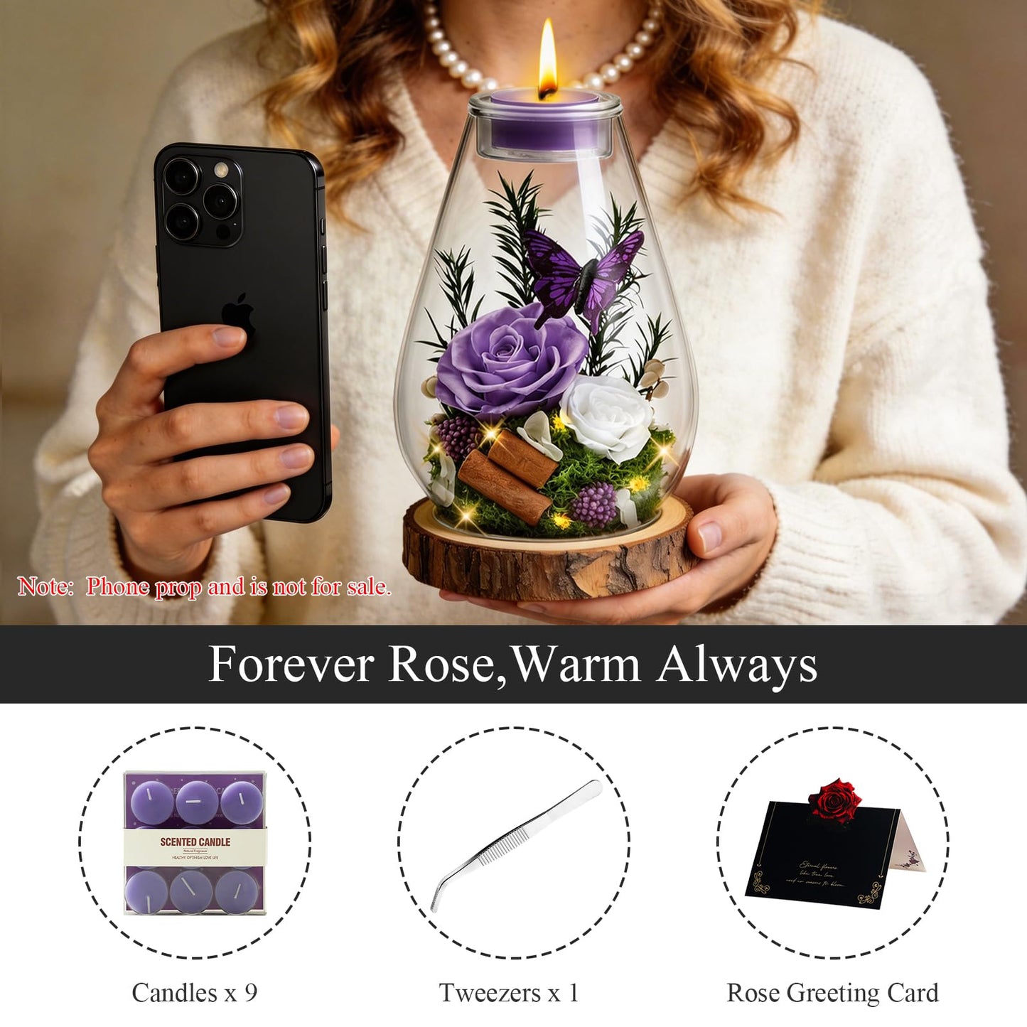 Tyvouflo Birthday Gifts for Women Preserved Flowers Purple Roses Candle Holder in Glass Dome Gift for Mom Birthday Gift Forever Flowers for Anniversary Real Flowers Eternal Rose for Proposal Wedding
