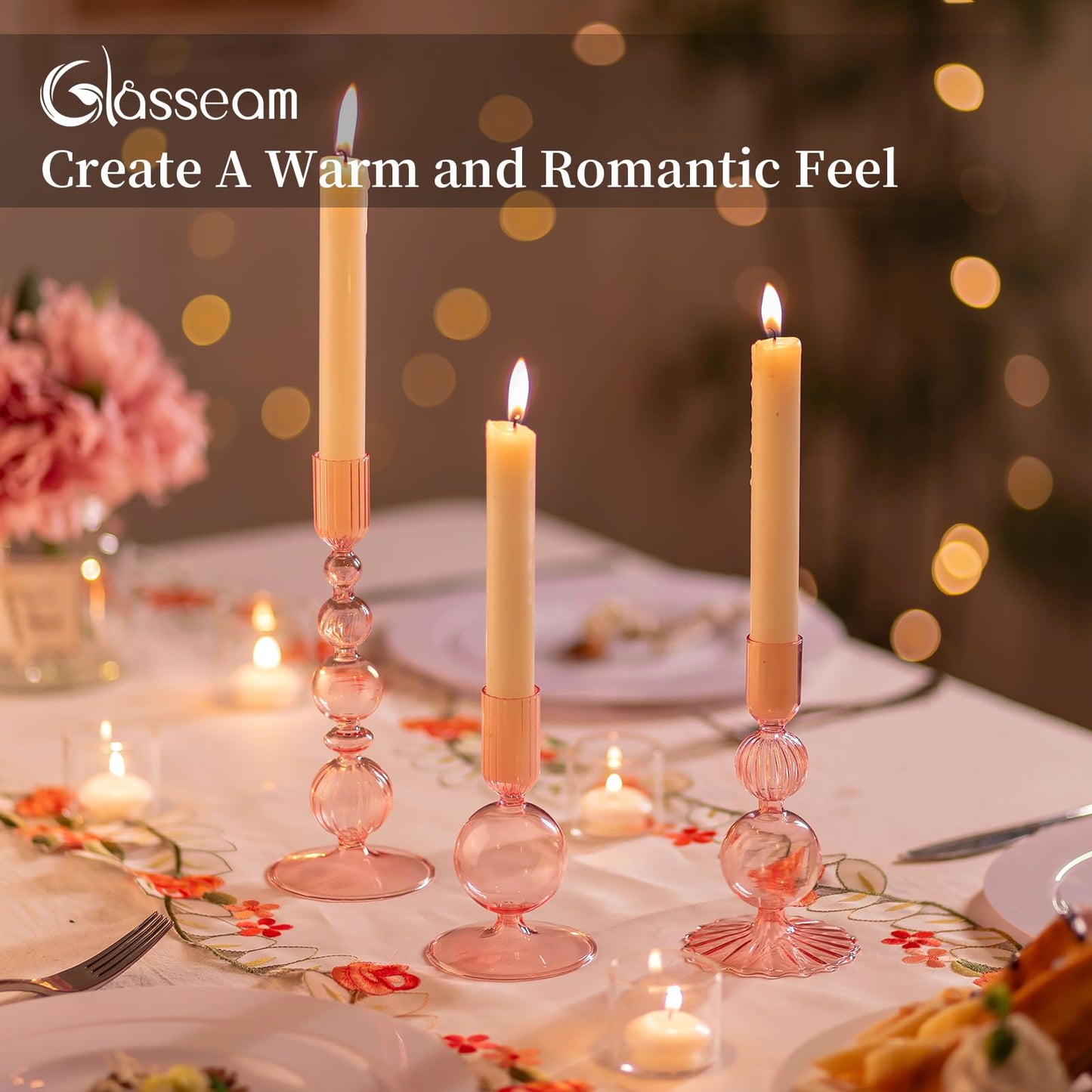Glasseam Pink Glass Candlestick Holder: Unique Candle Holders Set of 3 Modern Taper Candle Holder Decorative for Table Centerpiece Party Christmas Home Wedding Decoration