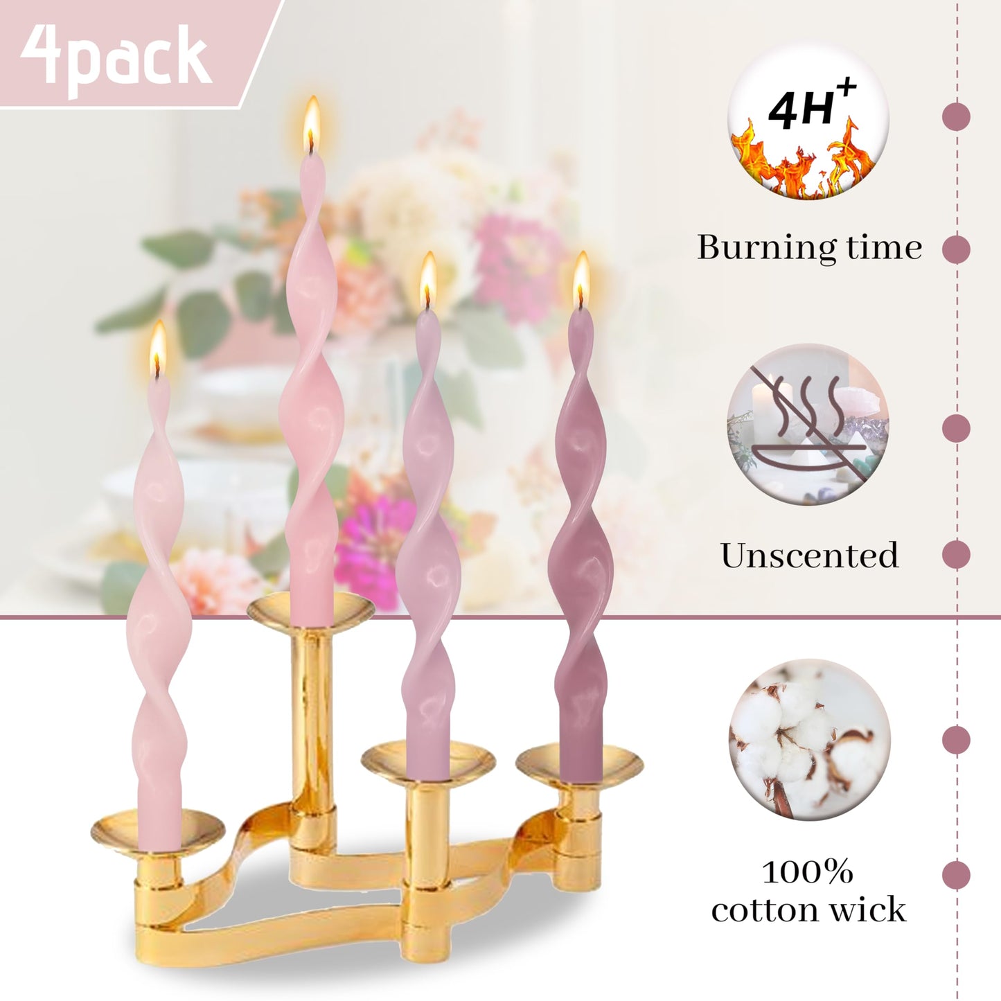Unscented Gradient Pink Spiral Taper Candle Smokeless Taper Candlesticks Handmade 10 Inch Long Twisted Candles for Wedding Holiday Home Decor Gifts