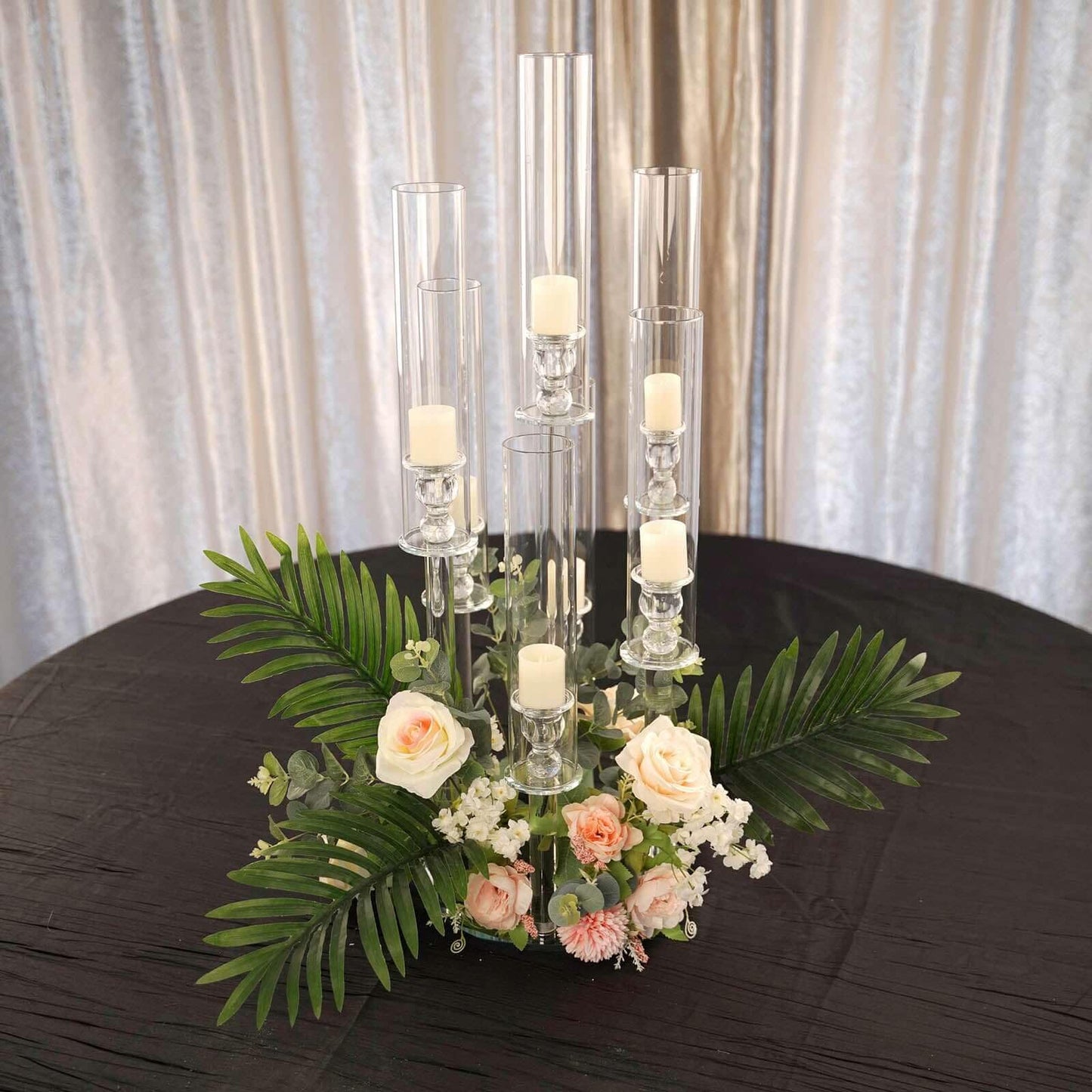 Efavormart 33" Tall - 7 Arms Clear Crystal Cluster Round Candelabra, Pillar Candle Holders with Mirror Base - Perfect for Birthdays, Weddings, Table Decoration, Event Decoration, and Centerpieces