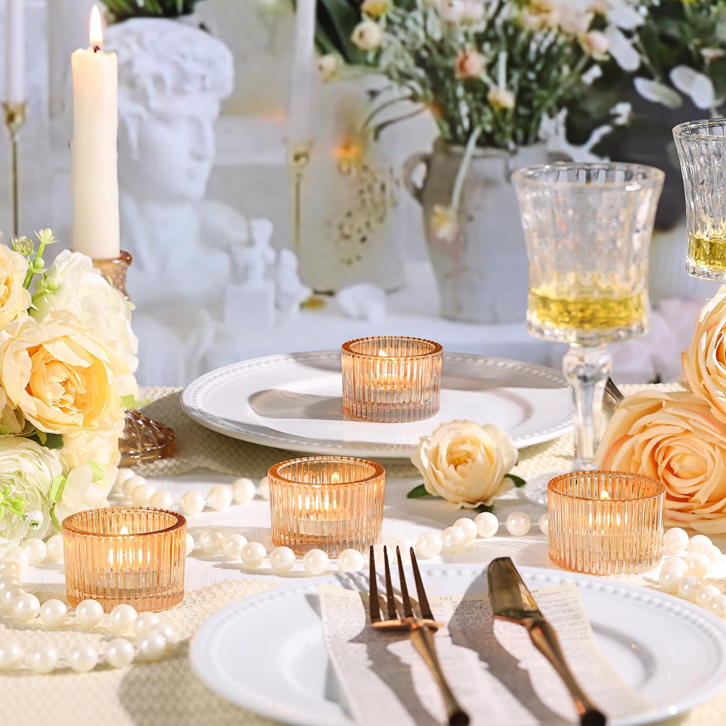 Lanttu Tealight Candle Holder Set of 12, Gold Small Votive Candle Holders for Table Centerpiece, Glass Tea Light Candles Holder for Party & Home, Wedding Decor (2'' Dia x 1.4'' H)