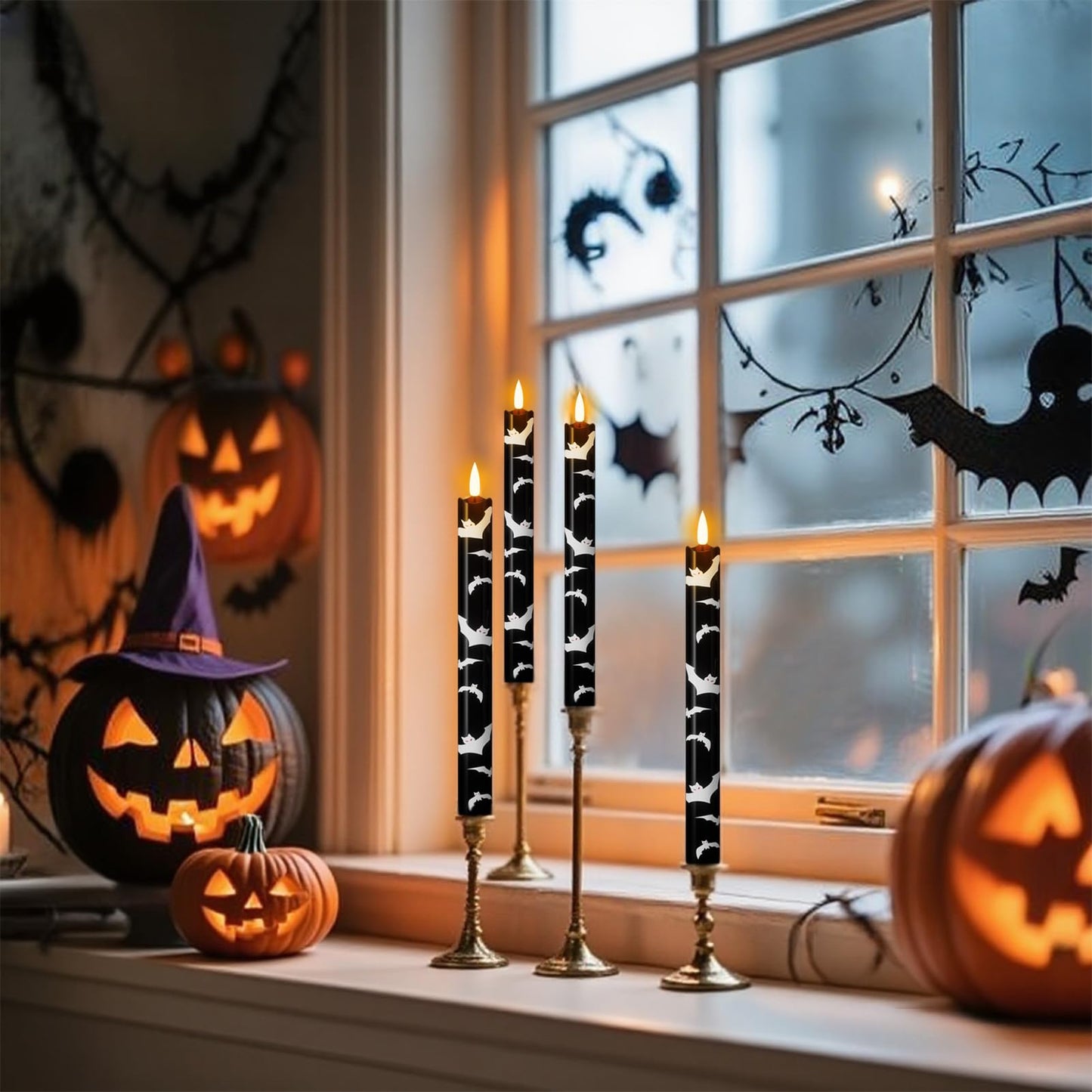 Eldnacele Flameless Flickering Taper Candles with Remote and Timer, Battery Operated Bats Decal Real Wax Black LED Window Candles Set of 4 Fireplace Spooky Halloween Holiday Decor