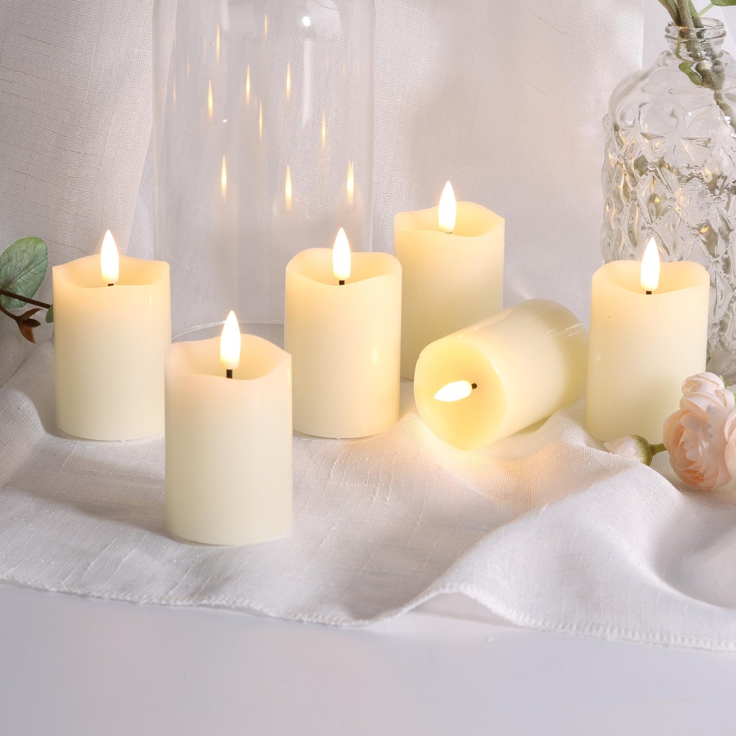 Eywamage Ivory Flameless Votive Candles with Timer Batteries, 2x3 inch Small LED Pillar Candles Flickering Set of 6