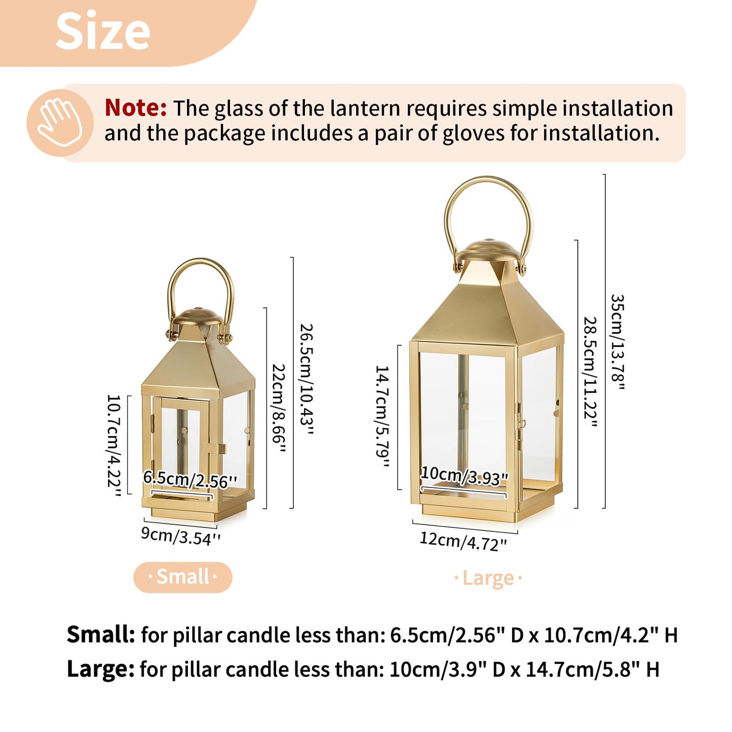 NUPTIO Gold Lanterns Decorative Indoor: 8.6 Inch Tall Metal Lantern with Glass for Pillar Candle - Fireplace Decor for Christmas Home Living Room Mantle Porch Wedding