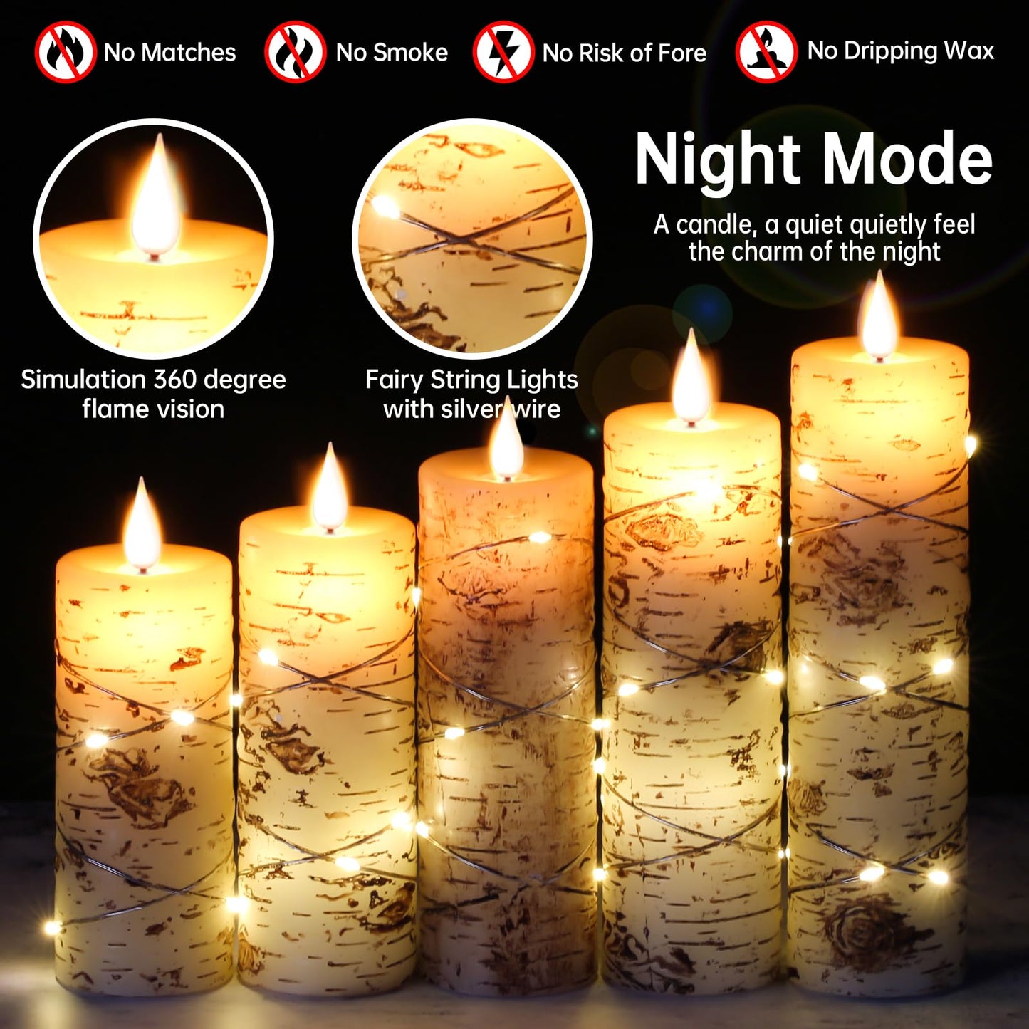 Da by 5 Pack Birch Bark Real Wax Flameless Taper Candles, Lifelike Flickering LED Candles with Copper String Lights, Battery Operated Candles with Remote for Farmhouse Wedding Home Decor