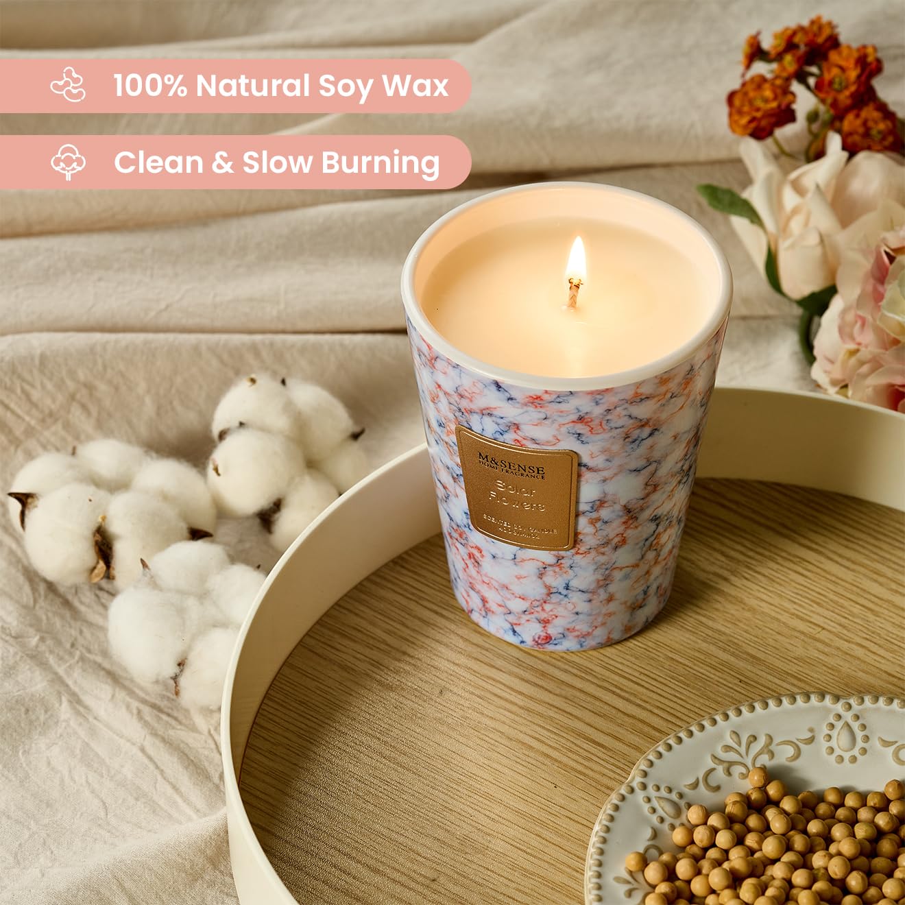M&SENSE Solar Flowers Scented Soy Candle, 3 Wick Highly Scented 14.1 Oz 75H, Aromatherapy Christmas Gift for Women and Men