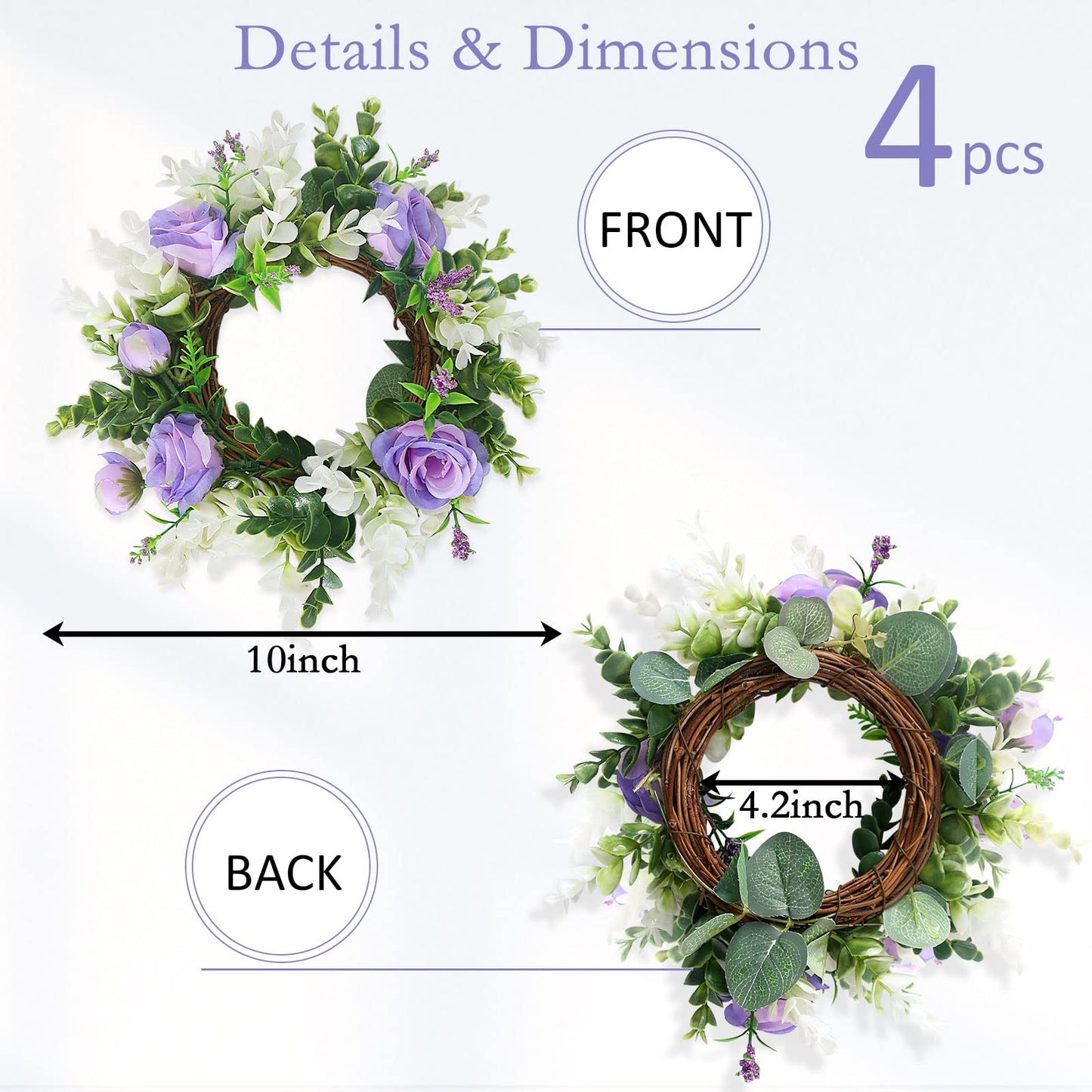 Acmee 4 Pcs Purple Rose Candle Rings - Artificial Floral Wreaths with Eucalyptus Leaves Greenery Flower Wreaths for Pillar Farmhouse Wedding Centerpiece Party Home Decor