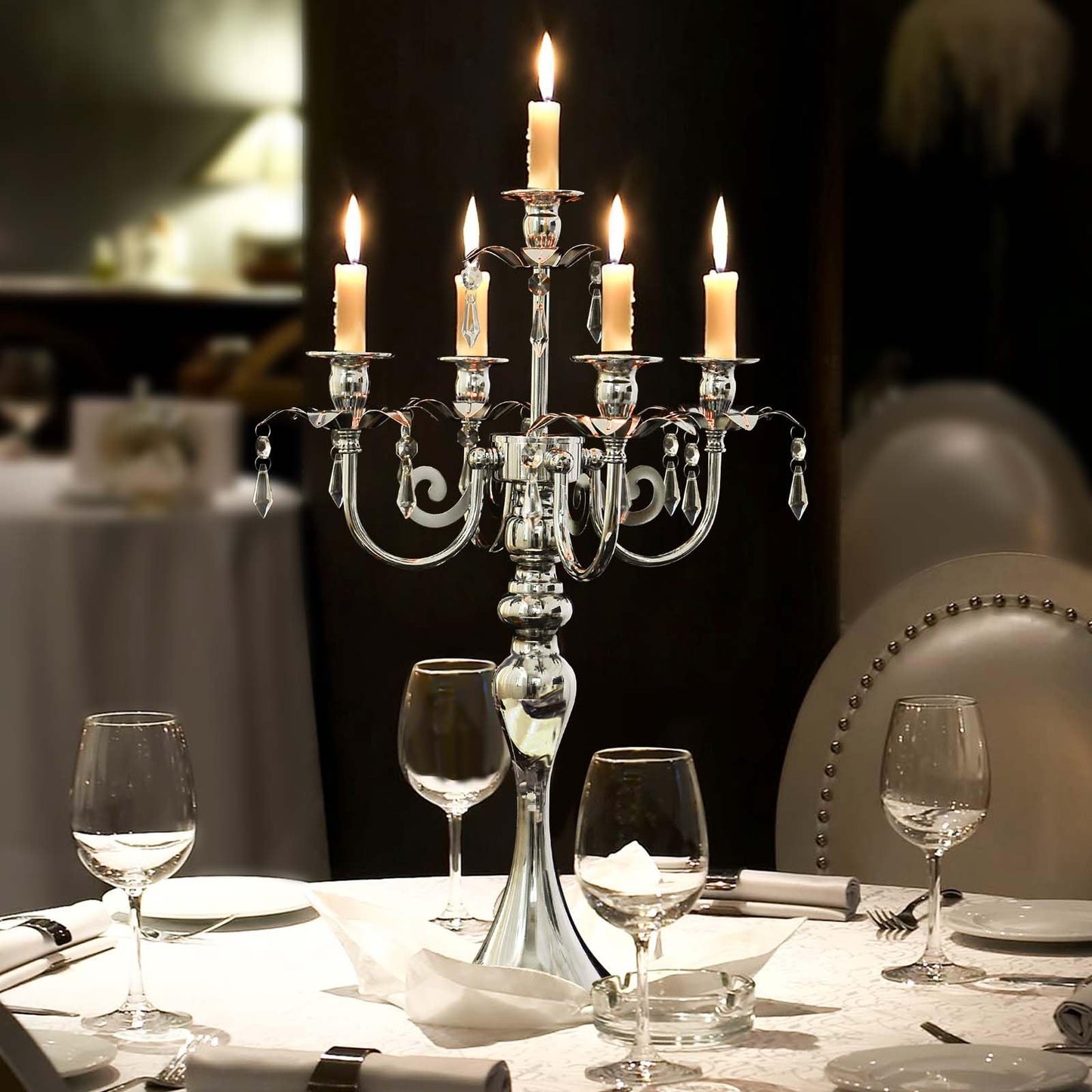 20.3'' Tall 5 Arm Candle Holder Centerpiece for Table, Metal Candelabra Candle Holder, Retro Candlestick Table Centerpieces for Party, Events, Home, Wedding Decor (1Pc, Silver)
