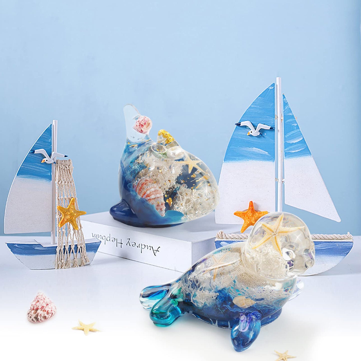 Voaesdk 2Pcs 3D Dolphin Seal Resin Molds Silicone, Cute Whale Sea Dog Epoxy Resin Moulds, Large Ocean Animal Silicone Mold for Resin,DIY Craft,Home Office Cabinets Wall Desktop Decor