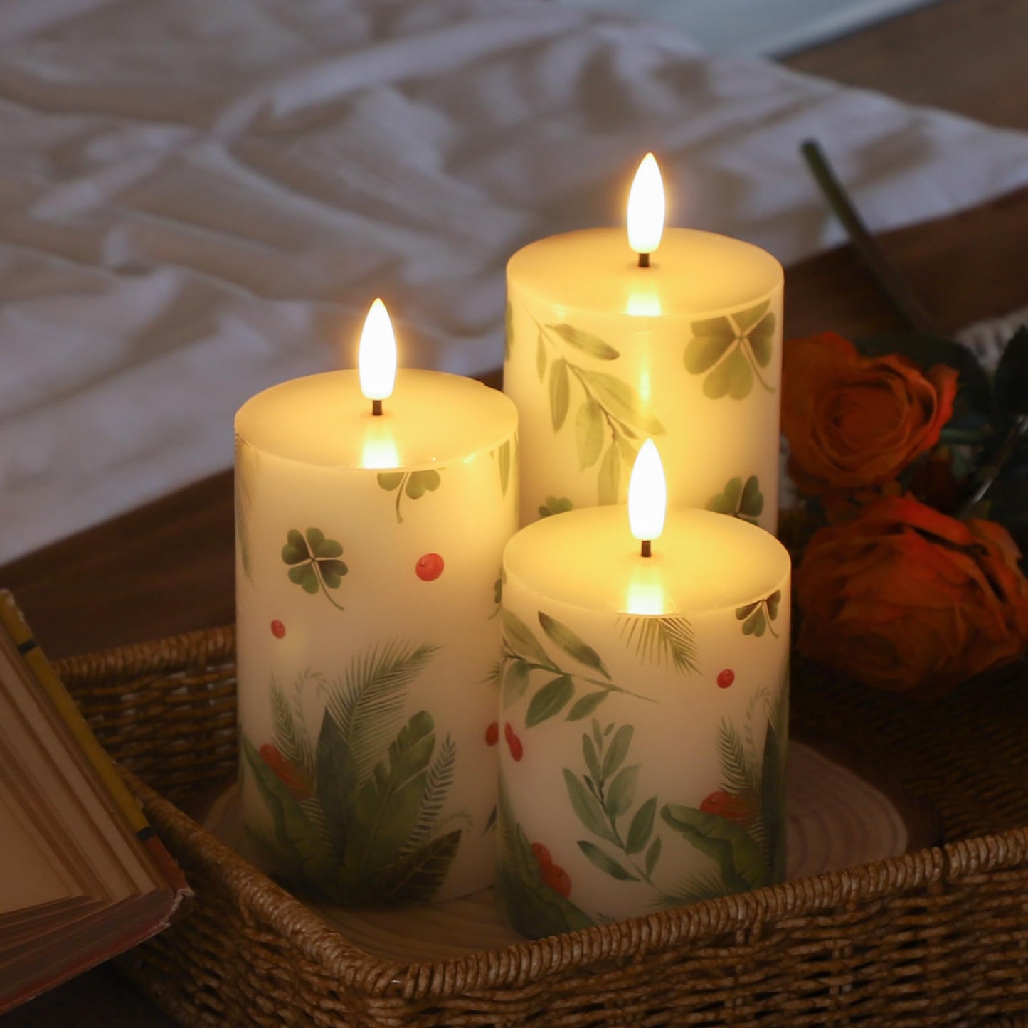 JOIONE Flameless Pillar Candles with Remote, 3 Pack Battery Operated Real Wax Green LED Candles, Perfect for Spring Summer Home Decorations Fireplace Table, Shamrock