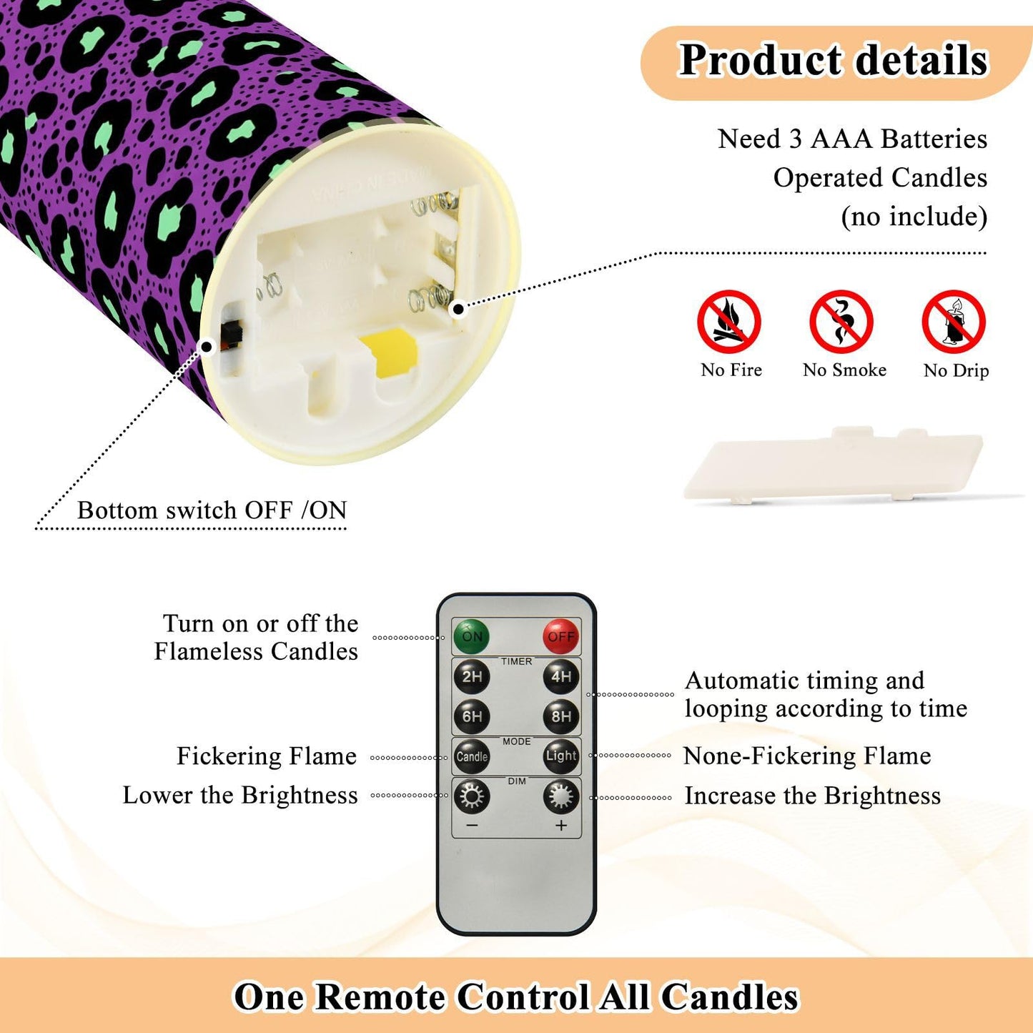 Gravopti Leopard 2 Pack Flameless LED Pillar Candles with Remote & Timer, Battery Operated, Flickering Wax Candle for Wedding, Romantic Home & Party Decor