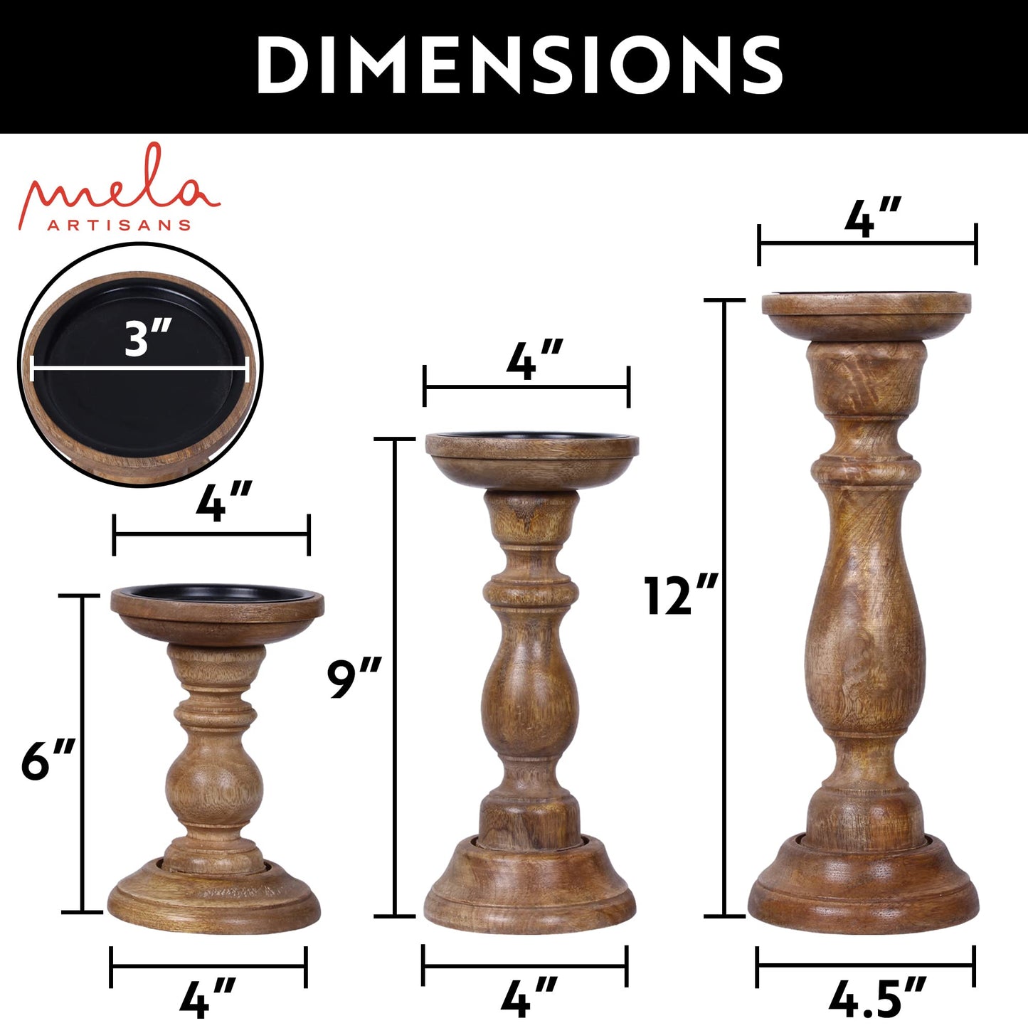 Mela Artisans 6”, 9” & 12” Mango Wood Pillar Candle Holder Set of 3 – Tuli Design Medium Polish – Wooden Candle Holders for Table, Mantel & Living Room Décor