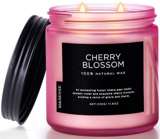 M&SENSE Cherry Blossom Home Scented Candles, 11.6oz Natural Soy Wax, Non-Toxic Clean Burning, 70-Hour Burn Time, Spring Floral Aromatherapy for Stress Relief & Relax, Relaxing Candle Gifts for Mom